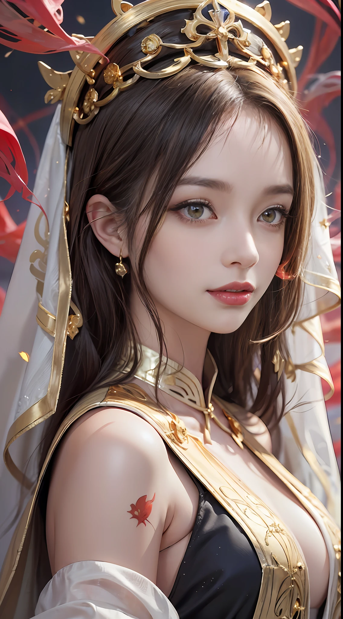 1 beautiful 27-year-old saint, charming adult saint in a long dress made of thin silk, flawless beautiful face, wearing a thin multicolored silk dress, (((Natural smile:1.0))), ((flat bangs:0.5)), (((platinum long hair:0.8))), big crown, hair brooch, hanfu dress, fanciful hanfu style, full body jewelry, forehead tattoo, super even chest, woman face, beautiful and pretty face, ((even porcelain teeth: 0.8)), The most beautiful and detailed light red lipstick, ((Thin plump lips:0.3)), ((Golden Eyes color:1.6), Detailed and delicate lighting effects, light and dark, dramatic lighting, magical light, extremely detailed light, true color, super sharp, realistic, 8k quality, fantasy universe background, saints and magical space, the most detailed images, ((Solo:0.3)), ((a saintess:0.6)), ((looking directly at the saint's upper body:0.4)), upper body, ((smooth skin:0.5)), ((the holy woman's veil:1.2)), ((solo:1.3)), ((alone girl:1.3)), female saint portrait, short images, Upper body portrait, (((open mouth:0.6))), Digital Realistic, ((fanciful red smoke effect:1.2)),
