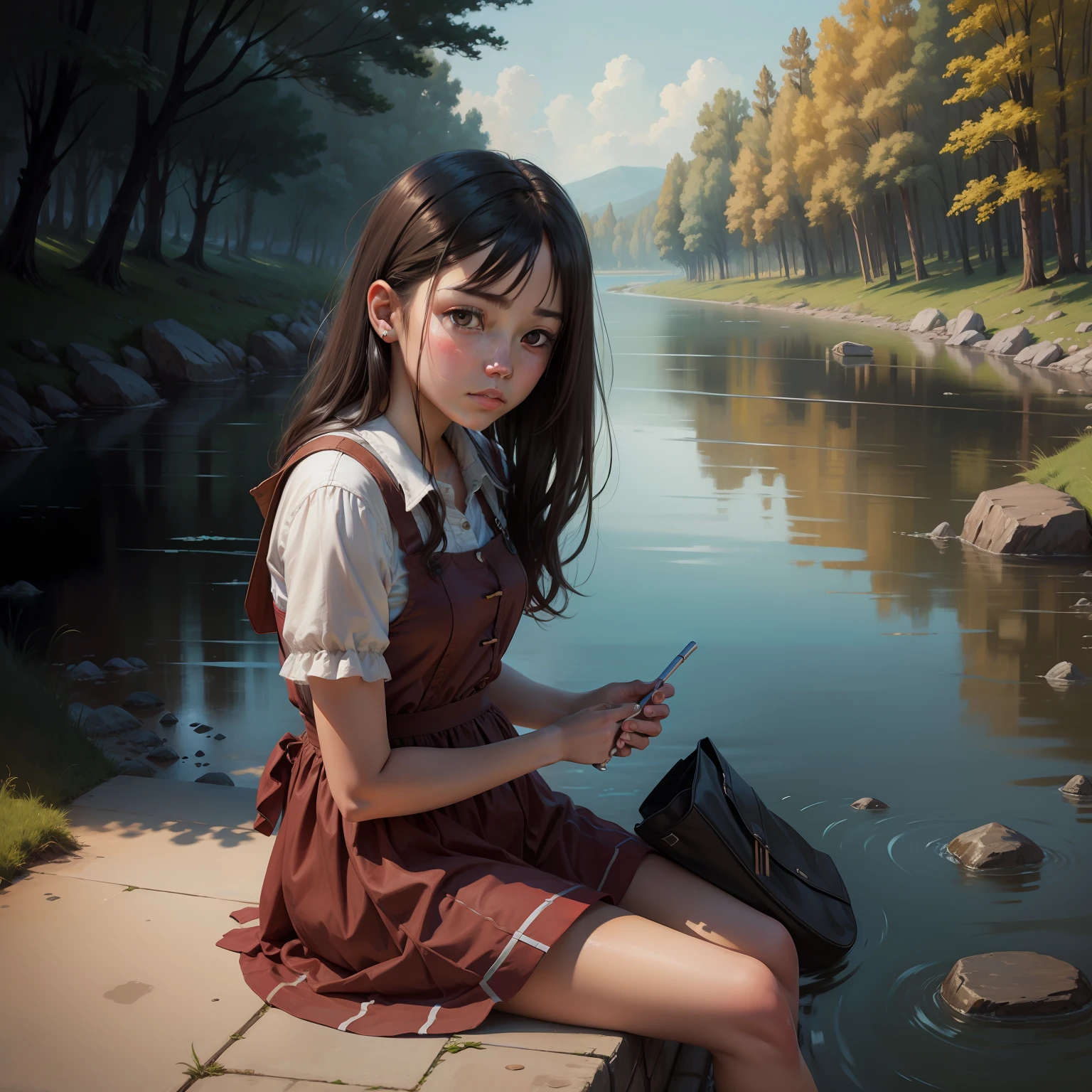 A girl sits alone by the river，sad，OilPaintStyle