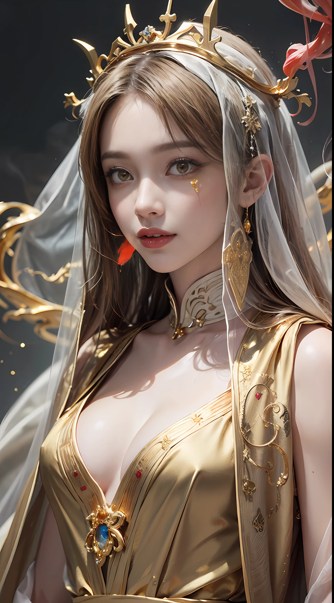 1 beautiful 27-year-old saint, charming adult saint in a long dress made of thin silk, flawless beautiful face, wearing a thin multicolored silk dress, (((Natural smile:1.0))), ((flat bangs:0.5)), (((platinum long hair:0.8))), big crown, hair brooch, hanfu dress, fanciful hanfu style, full body jewelry, forehead tattoo, super even chest, woman face, beautiful and pretty face, ((even porcelain teeth: 0.8)), The most beautiful and detailed light red lipstick, ((Thin plump lips:0.3)), ((Golden Eyes color:1.6), Detailed and delicate lighting effects, light and dark, dramatic lighting, magical light, extremely detailed light, true color, super sharp, realistic, 8k quality, fantasy universe background, saints and magical space, the most detailed images, ((Solo:0.3)), ((a saintess:0.6)), ((looking directly at the saint's upper body:0.4)), upper body, ((smooth skin:0.5)), ((the holy woman's veil:1.2)), ((solo:1.3)), ((alone girl:1.3)), female saint portrait, short images, Upper body portrait, (((open mouth:0.6))), Digital Realistic, ((fanciful red smoke effect:1.2)),