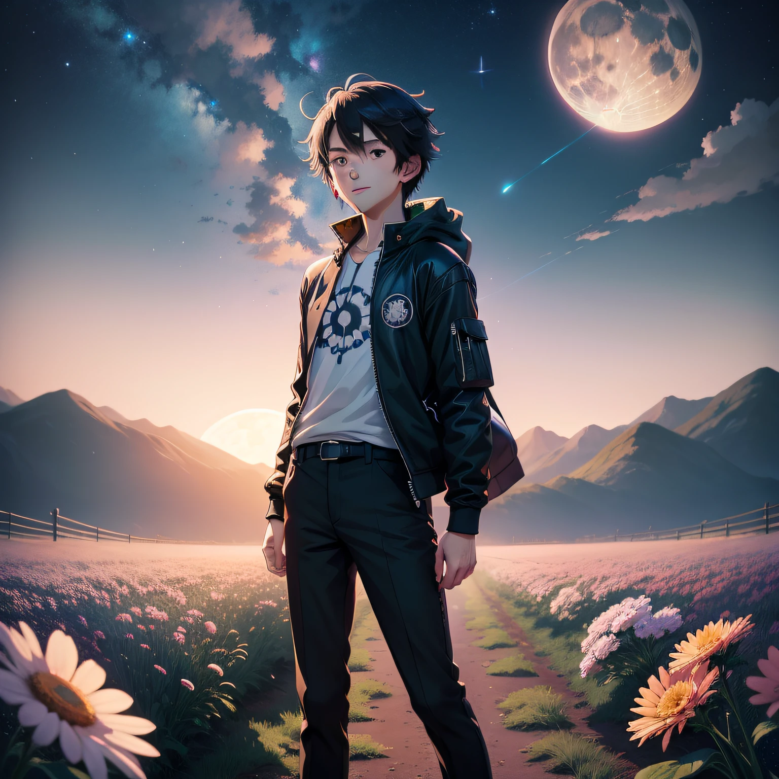 Anime boy standing in a field of flowers under a full moon,ssmile,Starry Sky 8K,nigh sky;8K,space sky,Cosmos Sky。Written by Makoto Shinkai, starrysky, stele(Skysky)starry_sky, Cosmos Sky, anime backgrounds, Anime art wallpaper 4 K, anime art wallpaper 4k, Anime Sky, 4k anime wallpaper