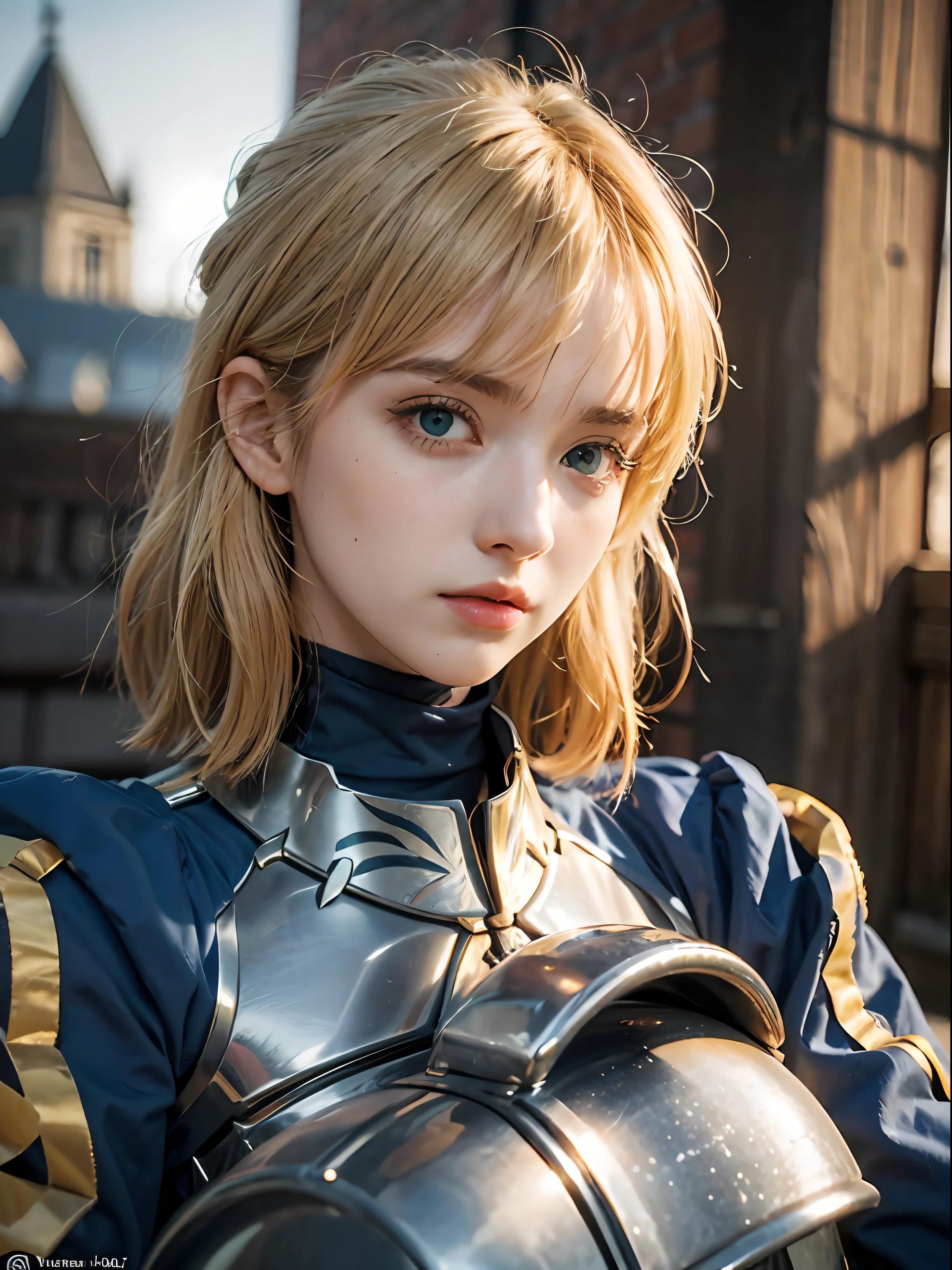 aasaber, green eyes, blonde hair, ahoge, gauntlets, (masterpiece:1.2), (ultra detailed), (8k, intricate), (85mm), (highly detailed:1.2), (highly detailed face:1.2), full body, daylight, solo