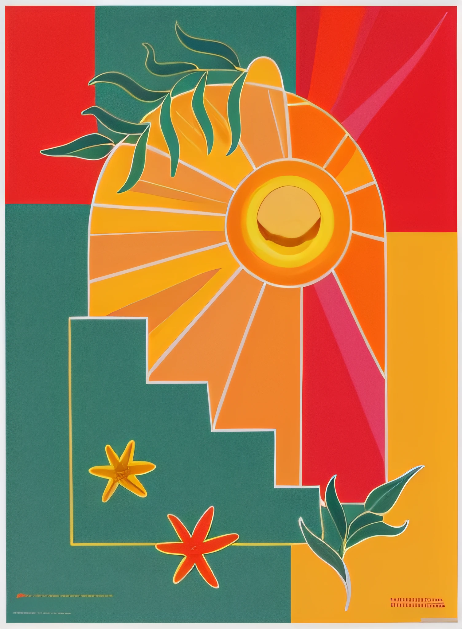 there is a picture of a picture of a sun and some leaves, inspired by Lubin Baugin, inspired by Milton Glaser, 2 0 2 1, 2021, 2022, 2 0 2 2, 2 0 1 8, 2018, inspired by Tom Wesselmann, 2 0 1 9, 2019, there are two starfishs and a plant on the steps, poster ; summer, seaside, sunlight, 2015, 2 0 1 5, 2 0 1 4, 2014, 2016, 2 0 1 6, sunlit, 2022, 2 0 2 2, poster illustration, 2013