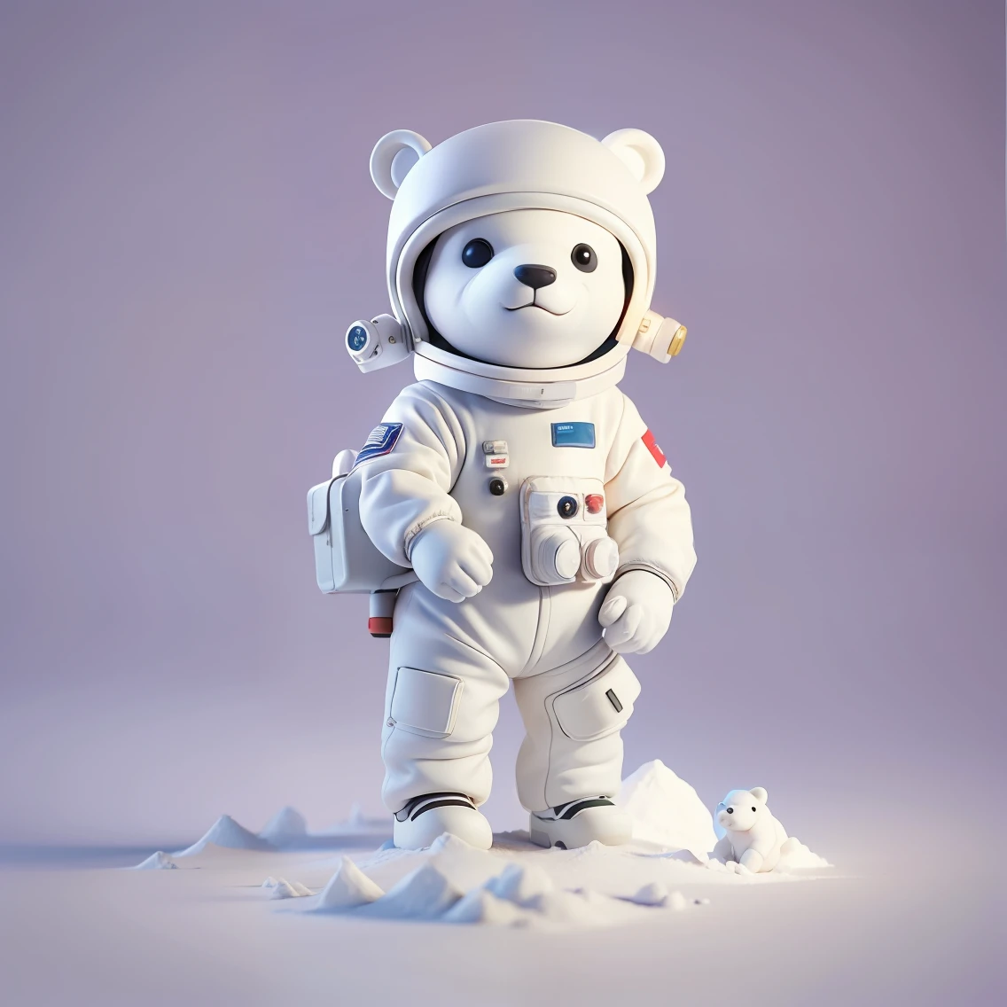 Cute polar bear in space cap,Wearing a white spacesuit,Full body photo,claymation style,3Drenderingof