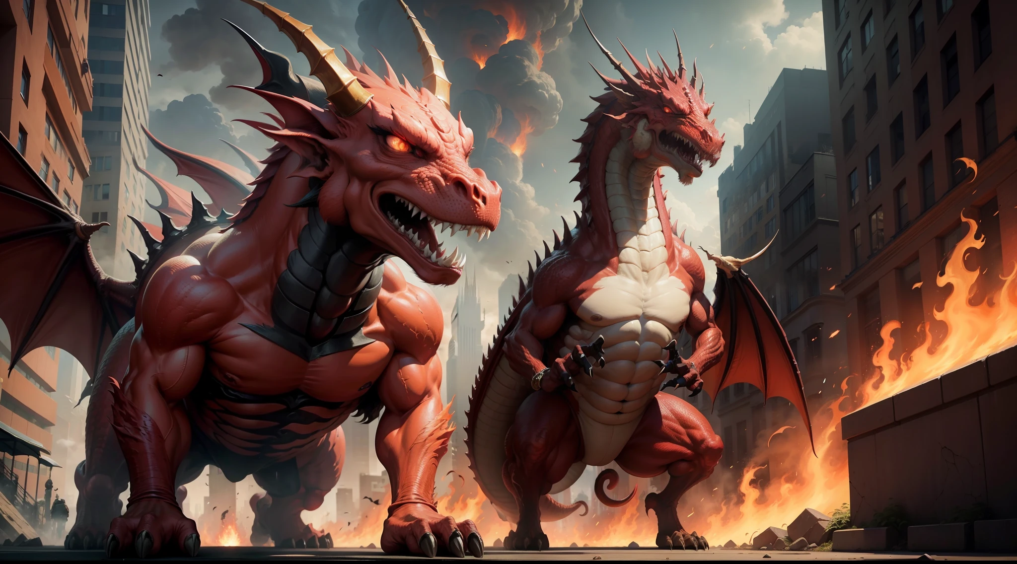 A dragon raging in the city，red colored skin，Huge minions，A flame is ejected from the mouth，Surreal realistic style，Overlooking the perspective
