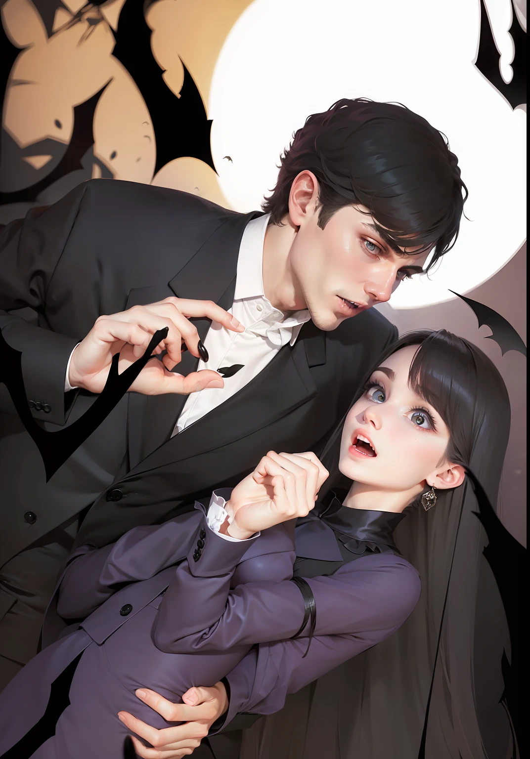 The man in the suit shows his fangs vampire,Dresses are afraid of girls,The girl clasped her hands