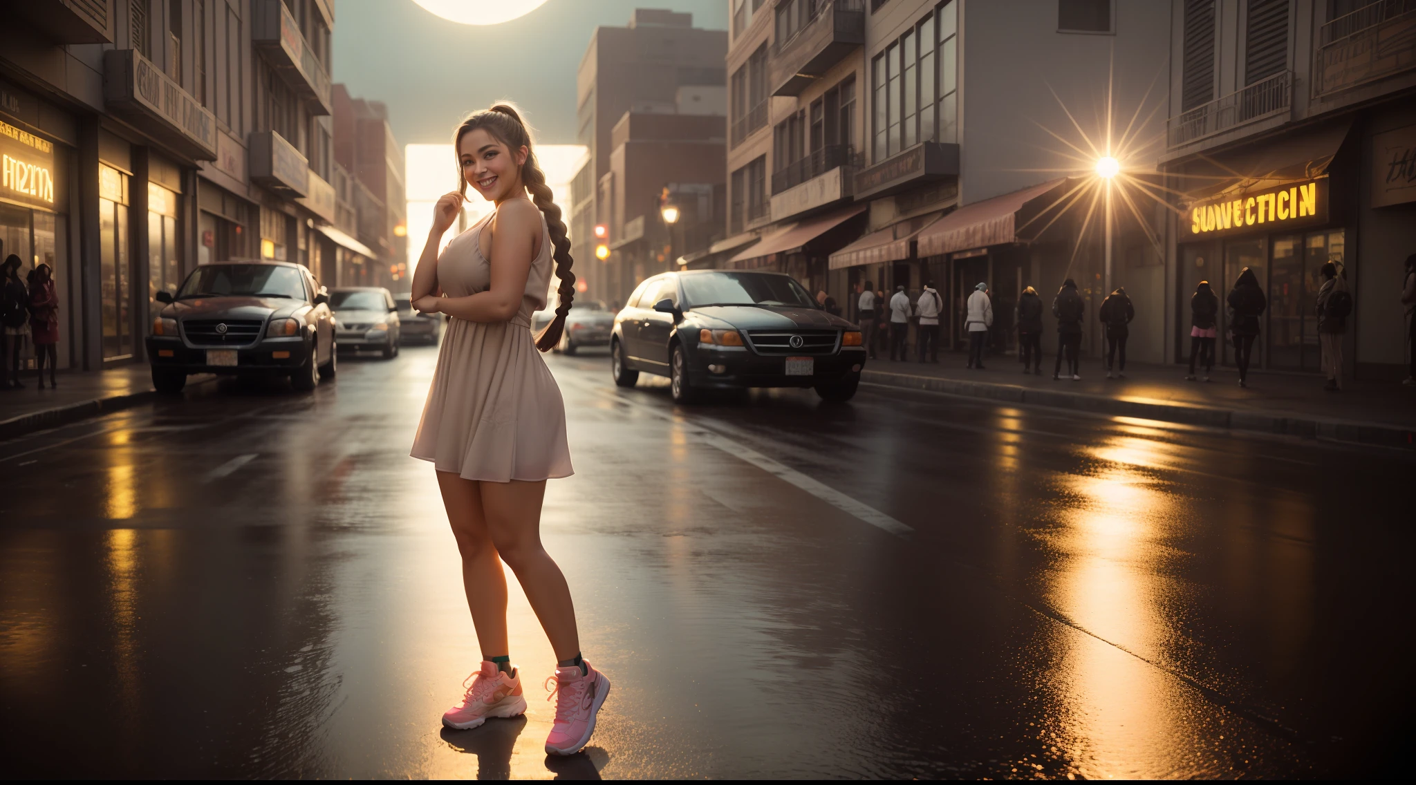 (((Full body))) Portrait photo of a beautiful latina 24 year old, (laughing:0.7), posing, look at a camera, pink tight braids hair, full body pose, thicc, fit body, diferrent multiple views, wearing bright tight fitted sun dress, random tourist city background, backlit, neon lights, light splinkle, rain,  (cinematic:1.5), epic realistic, hyperdetailed, insane details, intricate details, accent lighting, soft volumetric light, bokeh, (dramatic light:1.2), (neutral colors:1.3), cross process