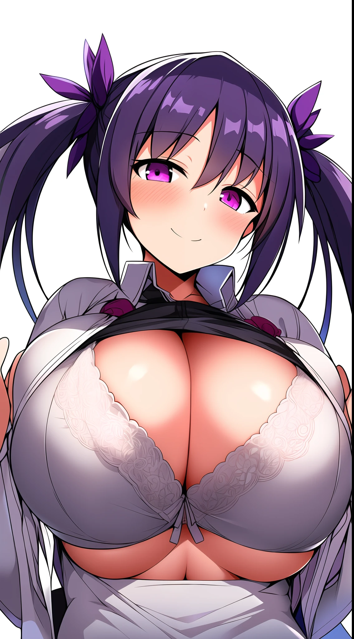1girl in, (gigantic breasted:1.2),purple black hair,Twintail,White shirt,cleavage,bra,smile,Simple white background,upper body,From below