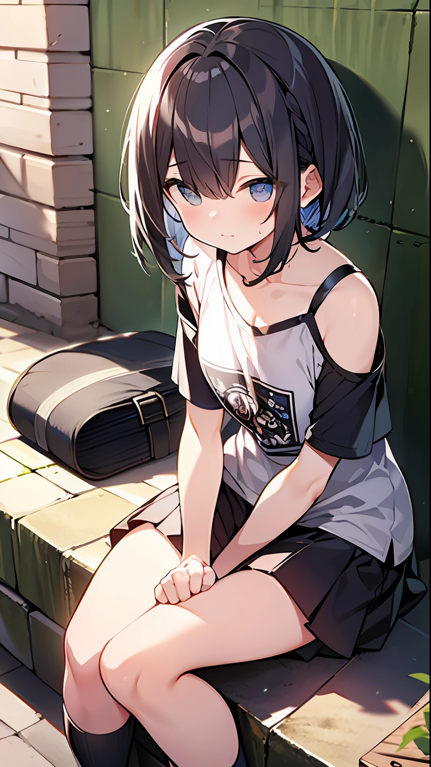 (top-quality、32K image quality、masterpiece、nffsw:1.2)、a cute loli、Medium short hair、short braiding、beauitful face、(Slouched:1.3)、crouching down、(From above:1.2)、(a closeup:1.4)、small curvy loli、((You can see the chest))、Bust Up Perspective、Loose baggy T-shirt、(beautiful nipple slips:0.9)、outside of house、the wind、shinny skin、blurry backround