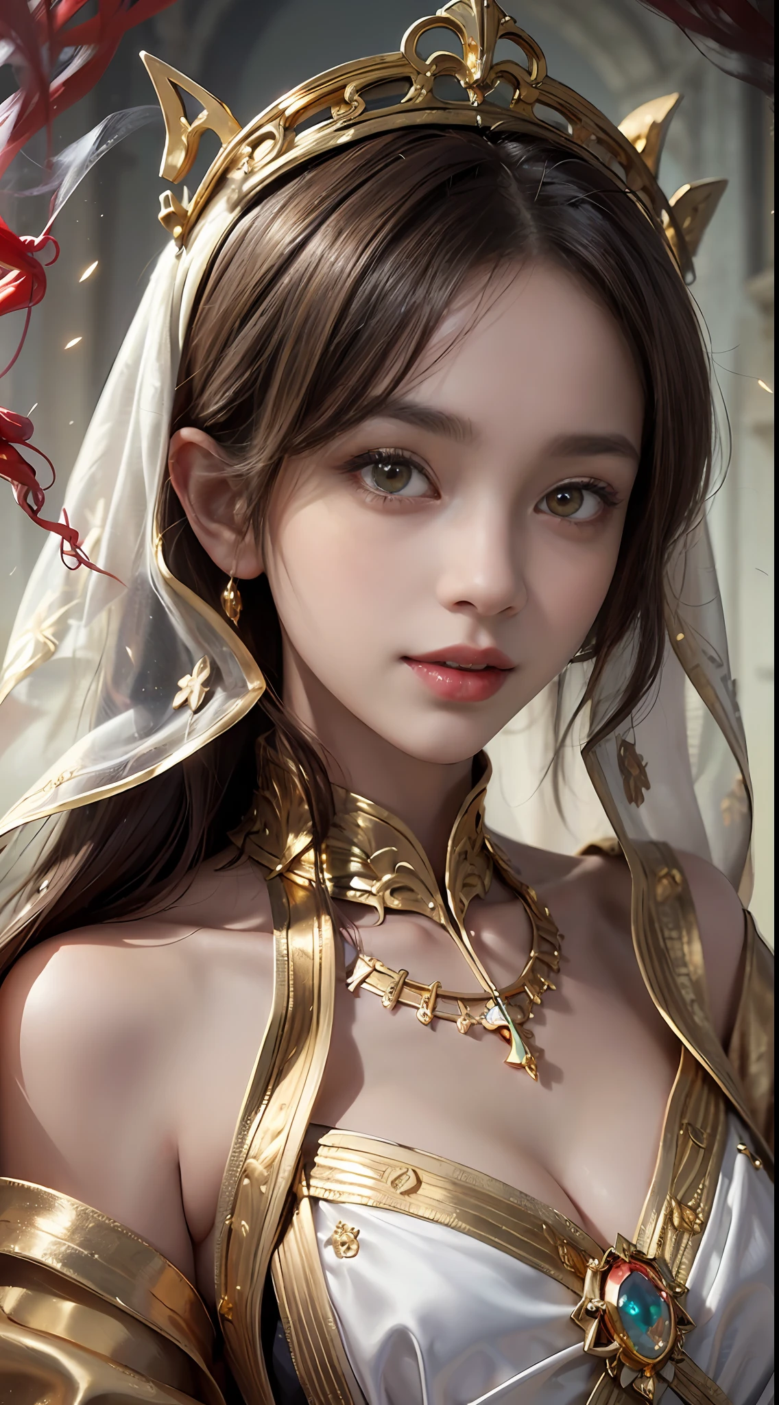 1 beautiful 27-year-old saint, charming adult saint in a long dress made of thin silk, flawless beautiful face, wearing a thin multicolored silk dress, (((Natural smile:1.0))), ((flat bangs:0.5)), (((platinum long hair:0.8))), big crown, hair brooch, hanfu dress, fanciful hanfu style, full body jewelry, forehead tattoo, super even chest, woman face, beautiful and pretty face, ((even porcelain teeth: 0.8)), The most beautiful and detailed light red lipstick, ((Thin plump lips:0.3)), ((Golden Eyes color:1.6), Detailed and delicate lighting effects, light and dark, dramatic lighting, magical light, extremely detailed light, true color, super sharp, realistic, 8k quality, fantasy universe background, saints and magical space, the most detailed images, ((Solo:0.3)), ((a saintess:0.6)), ((looking directly at the saint's upper body:0.4)), upper body, ((smooth skin:0.5)), ((the holy woman's veil:1.2)), ((solo:1.3)), ((alone girl:1.3)), female saint portrait, short images, Upper body portrait, (((open mouth:0.6))), Digital Realistic, ((fanciful red smoke effect:1.2)),