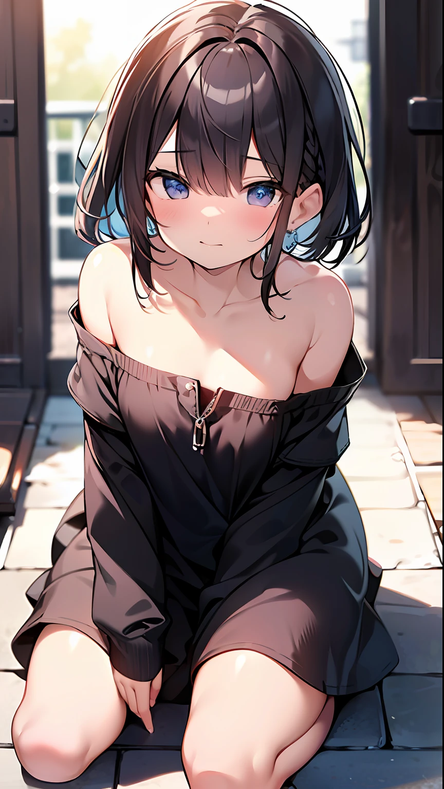 (top-quality、32K image quality、masterpiece、nffsw:1.2)、a cute loli、Medium short hair、short braiding、beauitful face、(Slouched:1.3)、crouching down、(From above:1.2)、(a closeup:1.4)、small curvy loli、((You can see the chest))、Bust Up Perspective、Loose baggy T-shirt、(beautiful nipple slips:0.9)、outside of house、the wind、shinny skin、blurry backround