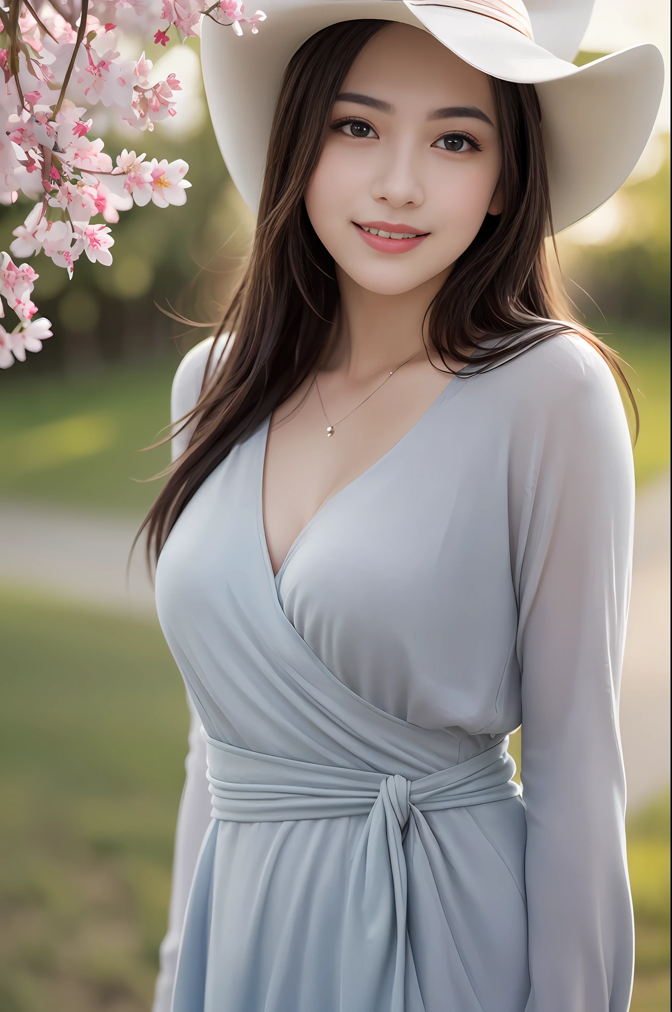 (photo realistic:1.4), (masterpiece, best quality, ultra detailed),[reflections], ultra realistic,
(extremely detailed), 1girl, solo, 20yo, angelic face, detailed face,looking at viewer,
(best illumination, best shadow, extremely delicate and beautiful), finely detail, beautiful detailed, shiny eyes,
accent lighting, (backlighting:1.3), professional lighting, light on face, cinematic lighting, bokeh,
busty body, (medium breasts), intricate details skin, a cherry blossom road , short floral wrap dress, (cowboy shot:1.4),
(bright, smile and happy and tired and sleepy:1.1),(laugh:1.2)