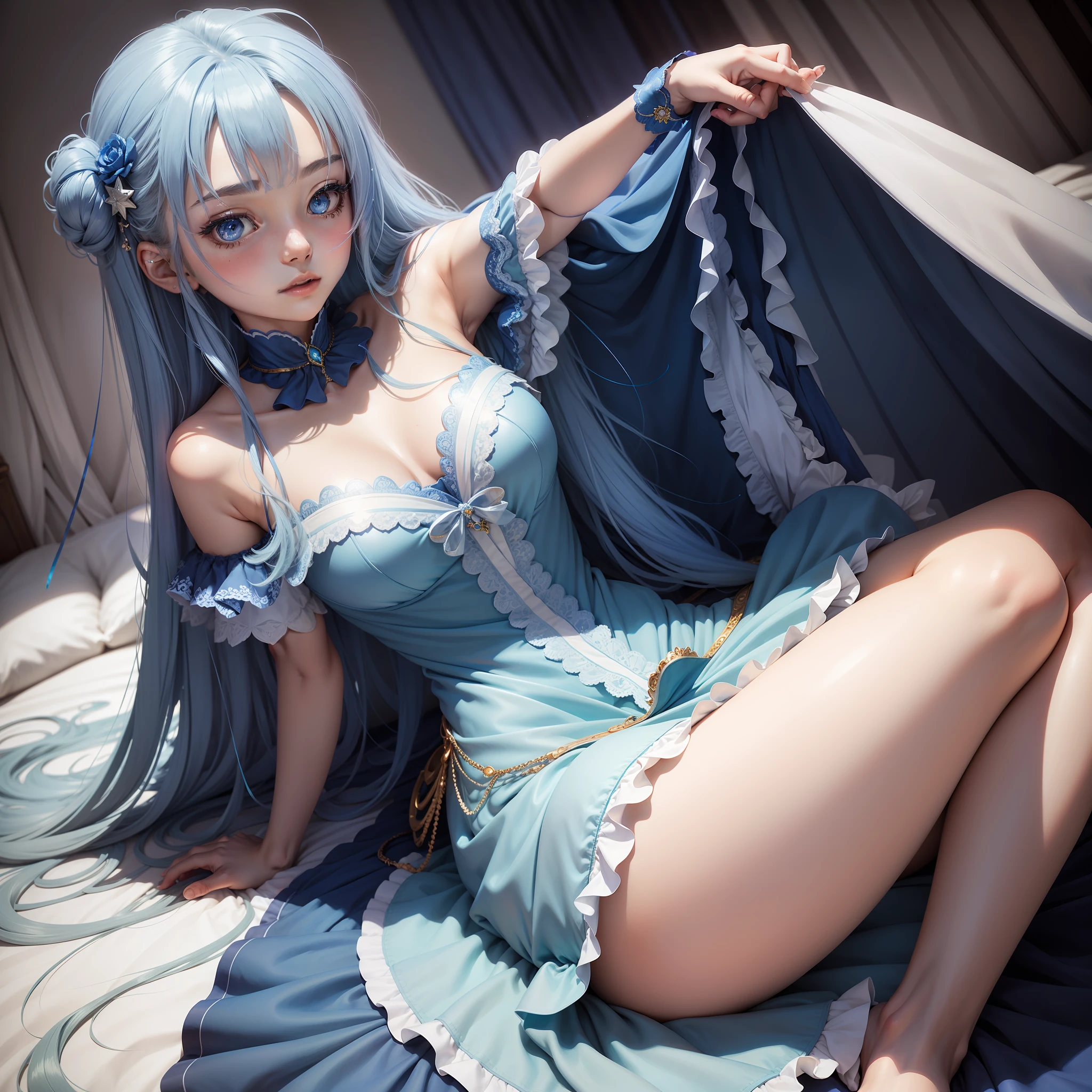 An anime girl in a blue gemstone sitting on the bed，wearing dresses，The texture is strong，Close-up of people，Streamers，Flowing clean white background，Blue skirt，With sapphires，Slender legs，blue hairs，8k，Need，tmasterpiece