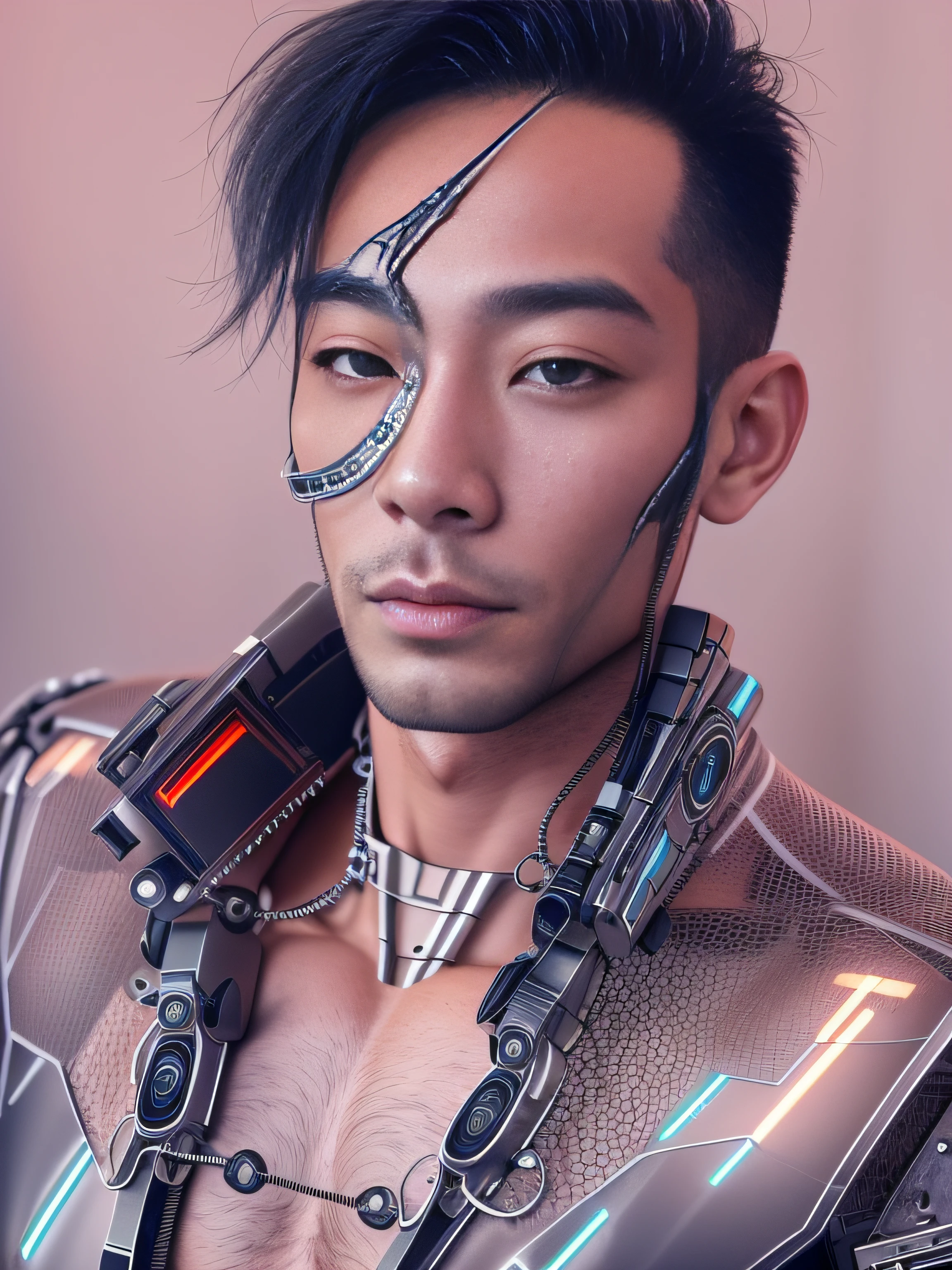 (The Alfid people wear black transparent latex pliers,Translucent latex pliers:1.5),(Metallic body, bionic scifi alexandre ferra, cyborg neck, cyborg male, male cyborg, cyborg fashion model, portrait of a cyborg, detailed portrait of a cyborg, cybernetic neck implant, portrait of a futuristic robot :1.3)(dystopian sci-fi character, sci - fi character, portrait of a cyberpunk cyborg:1.2)(8K,Extreme detail,Hair in extreme detail,Ultra photo realsisim,cinmatic lighting:1.1)(Asian supermodel face,Strong muscles and perfectly curved body,Extreme sexual tension,Hormonal explosion,whole body display:1.5)(Short hair, Light-colored beard, Stubble masculinity,Naked muscle man,Muscular macho,No clothes on,Only a pair of thongs was worn,Extremely sexy and provocative:1.5)(nakeness,Tong,whole body display:1.5)