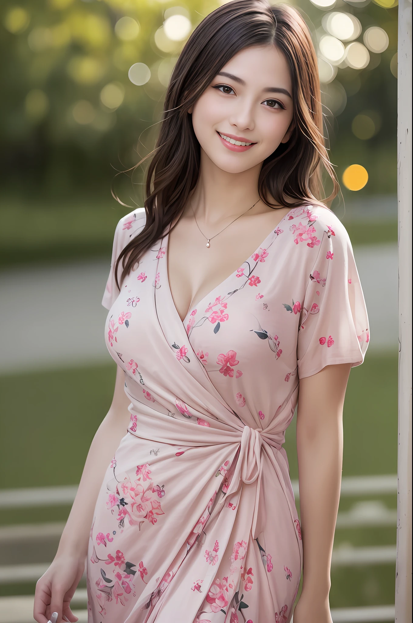 (photo realistic:1.4), (masterpiece, best quality, ultra detailed),[reflections], ultra realistic,
(extremely detailed), 1girl, solo, 20yo, angelic face, detailed face,looking at viewer,
(best illumination, best shadow, extremely delicate and beautiful), finely detail, beautiful detailed, shiny eyes,
accent lighting, (backlighting:1.3), professional lighting, light on face, cinematic lighting, bokeh,
busty body, (medium breasts), intricate details skin, a cherry blossom road , short floral wrap dress, (cowboy shot:1.4),
(bright, smile and happy and tired and sleepy:1.1),(laugh:1.2)