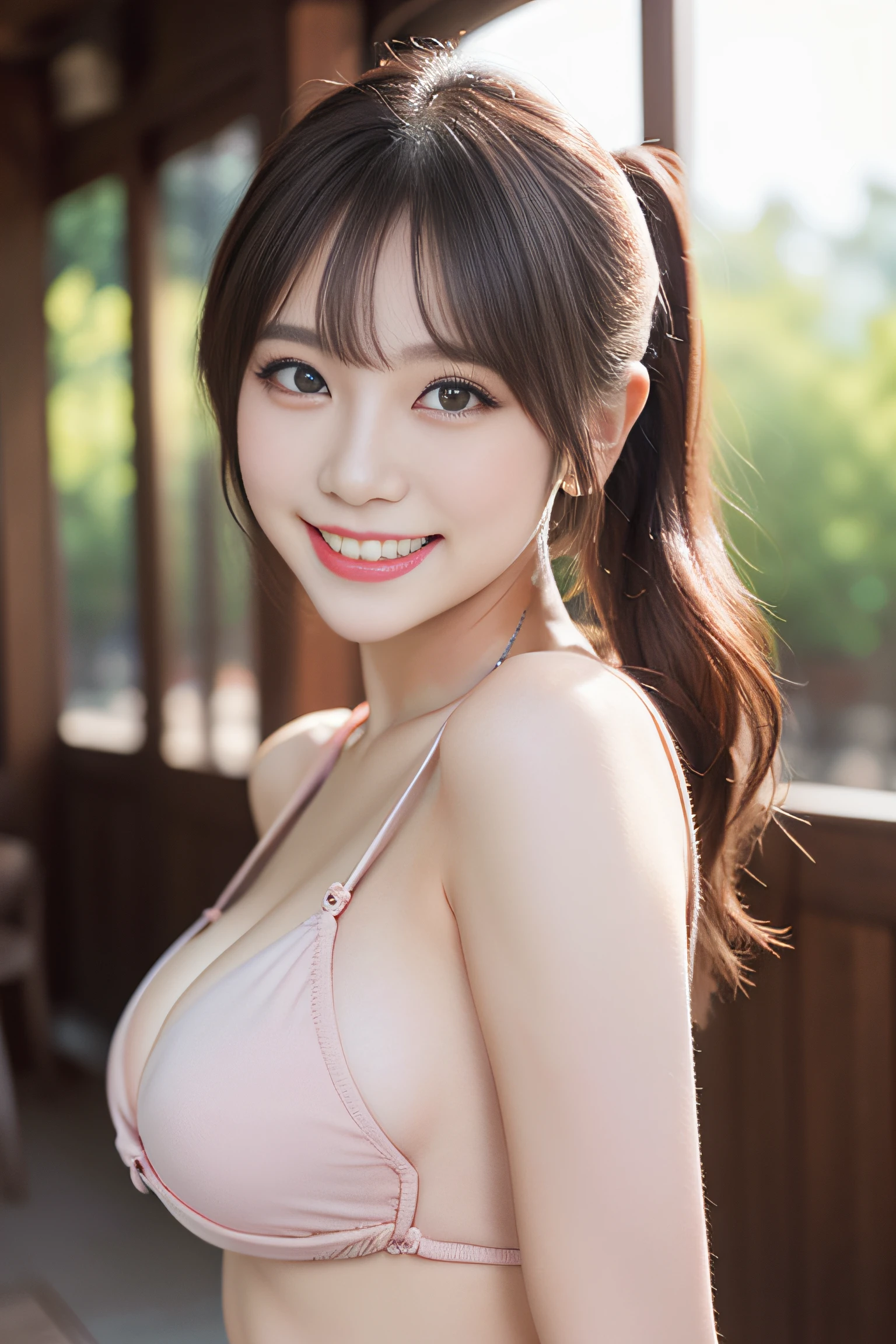 lightsmile, ear blush,Short ponytail, Mole under the eyes, Heart-shaped pupil, eyeballs, longeyelashes, lightsmile, Shy, Seductive smile,drop shadow, anaglyph, stereograms, One-person viewpoint, Cowboy Shot, Bokeh, 8K, Super Detail, ccurate, Best Quality,The bikini,full body