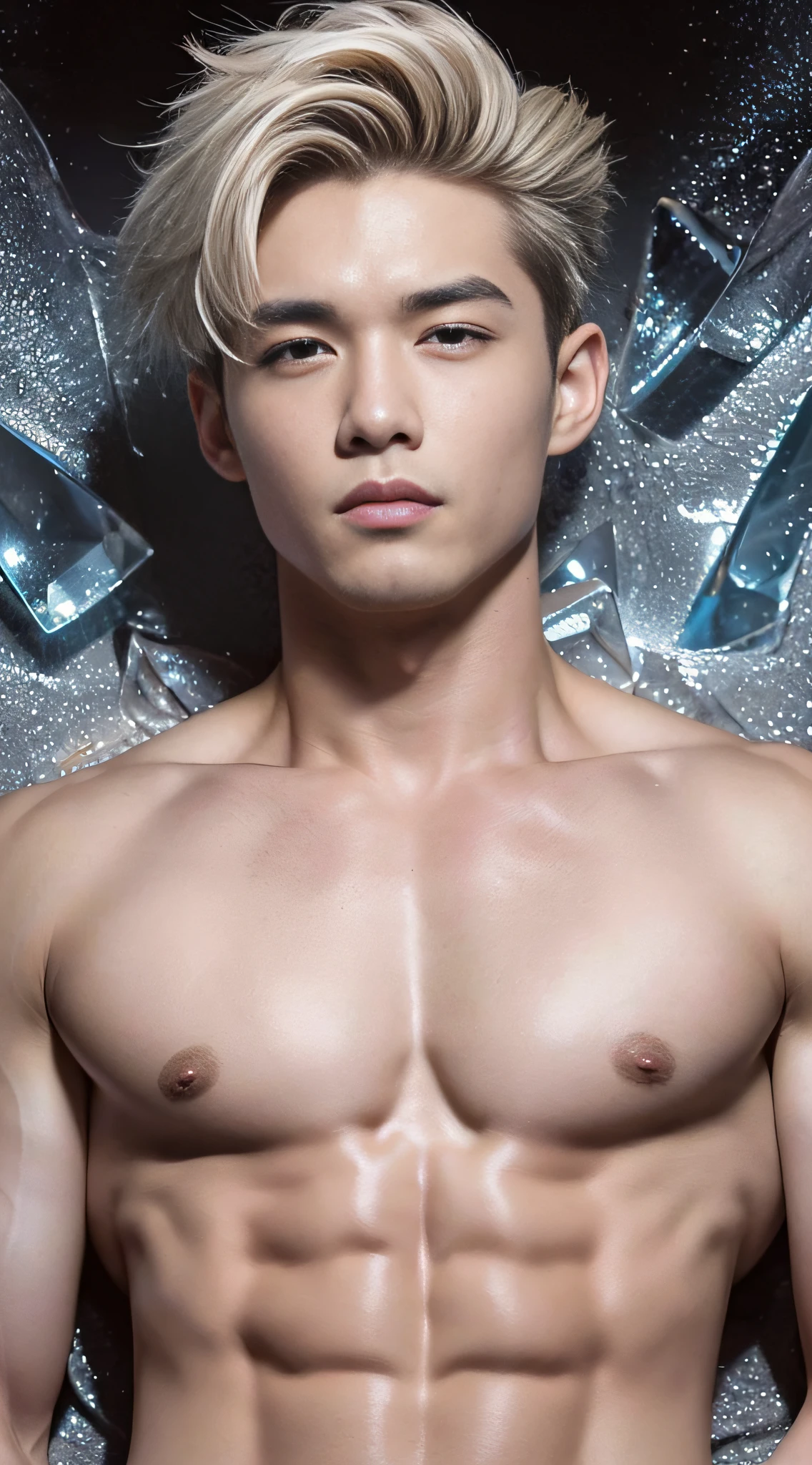 best qualtiy, 超高分辨率, 32K,(true to life:1.6),(Skin texture:1.6),(Shirtless:2),tmasterpiece,NOWAI,(ice river:1.2),((Underarms)),Lie down,musculature,(of a guy:1.9),((18yr old:1.5)),(short detailed hair:2),Handsome,largeeyes,High nose,Sexy lips , All body,(White skin:2),(Masculinizing characteristics:2.5),Crotch bulge,Closed mouth,sexually arousing,sexual expressio,