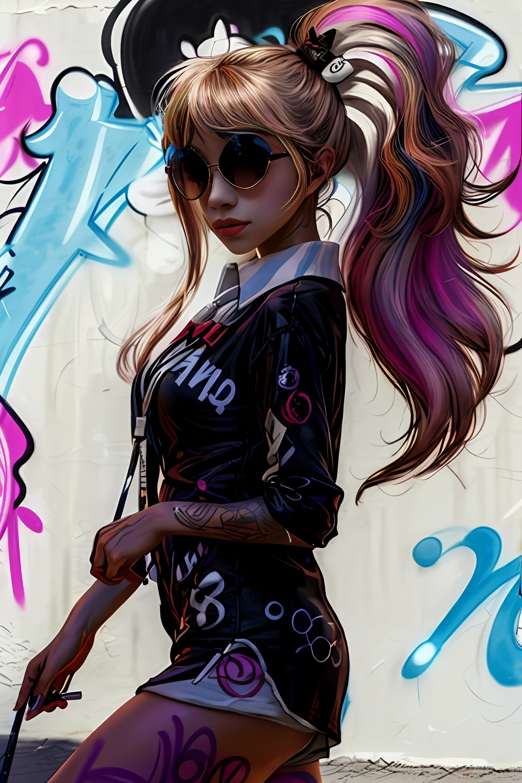 Mulatto 1girl, sexypose, (colorful:1.4), sunglasses, side ponytail, tattoos, body paint, (graffiti mural wall background), (graffiti), fitness body, best quality, masterpiece, (side to the viewer:1.8)