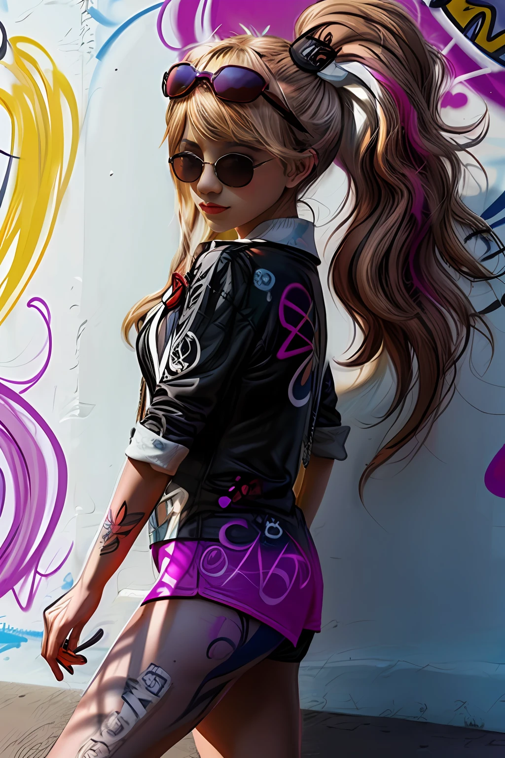Mulatto 1girl, sexypose, (colorful:1.4), sunglasses, side ponytail, tattoos, body paint, (graffiti mural wall background), (graffiti), fitness body, best quality, masterpiece, (side to the viewer:1.8)