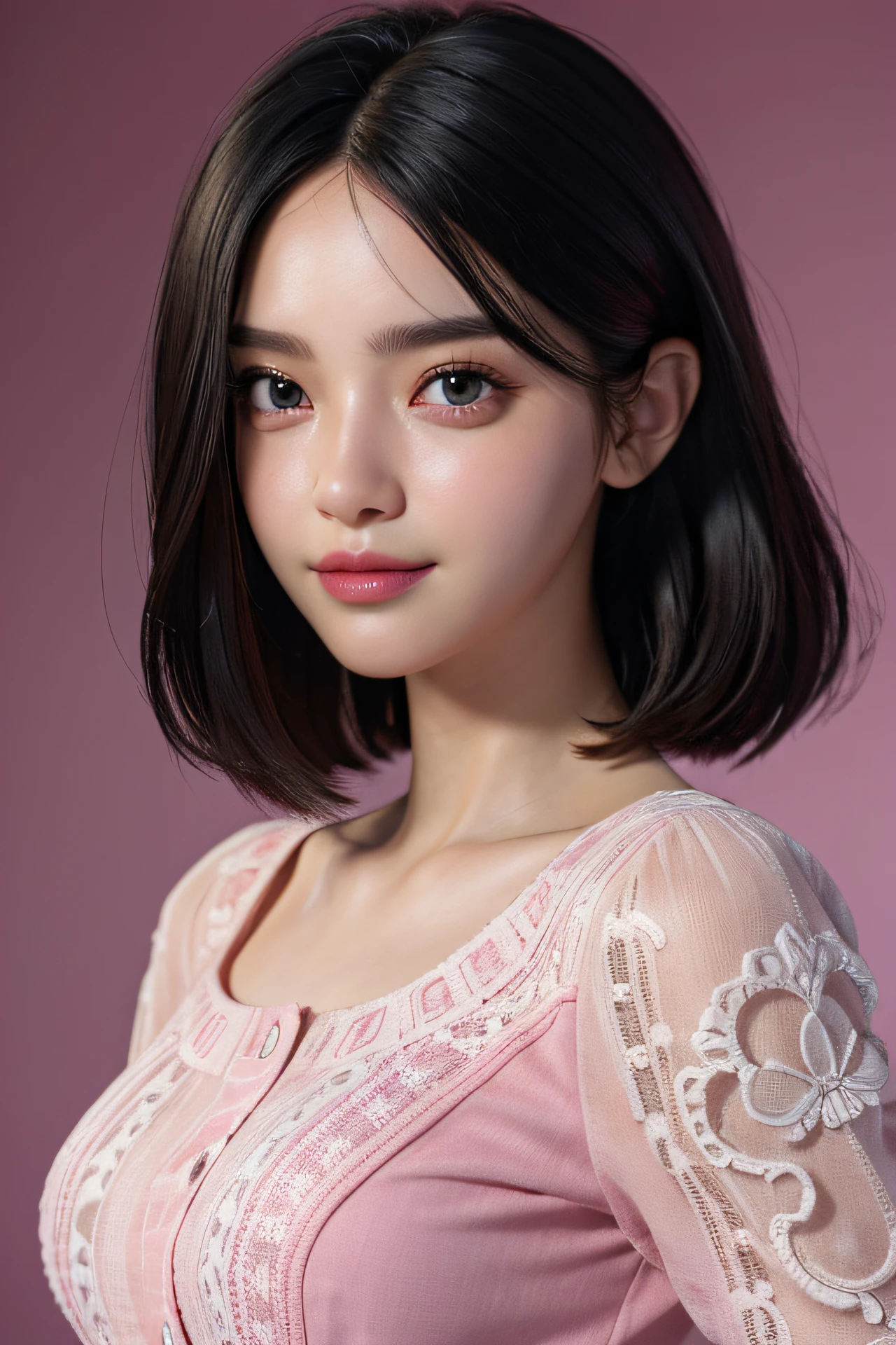 (Ultra Real), (High Resolution), (8K), (Very Detailed), (Beautiful Detailed Eyes), (Best Quality), (Ultra Detailed), (Detailed Face), (Detailed Hair), (High Resolution Hair), (depth of field), 1girl, pink blouse, smirk, pose in photo studio, photo studio, cinematic look, kpop, black hair, bob hair