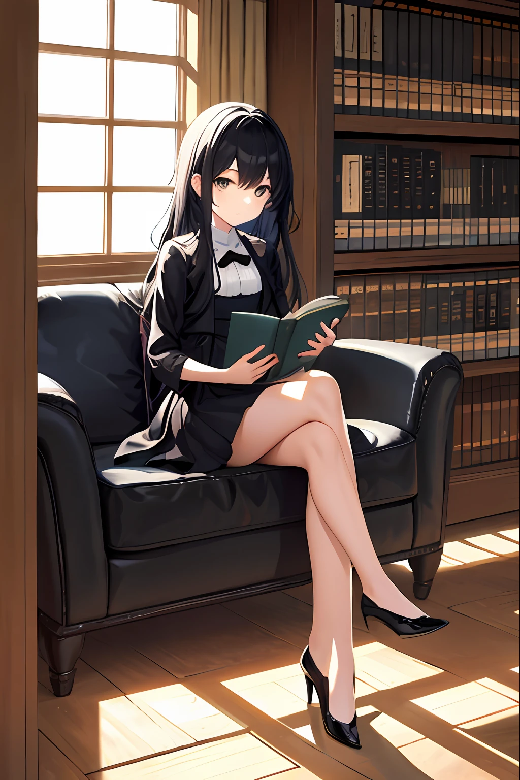 1girll,Royal sister,Thin leg,black color hair,and the sun was shining brightly,libraryai,beside the window,looking at book