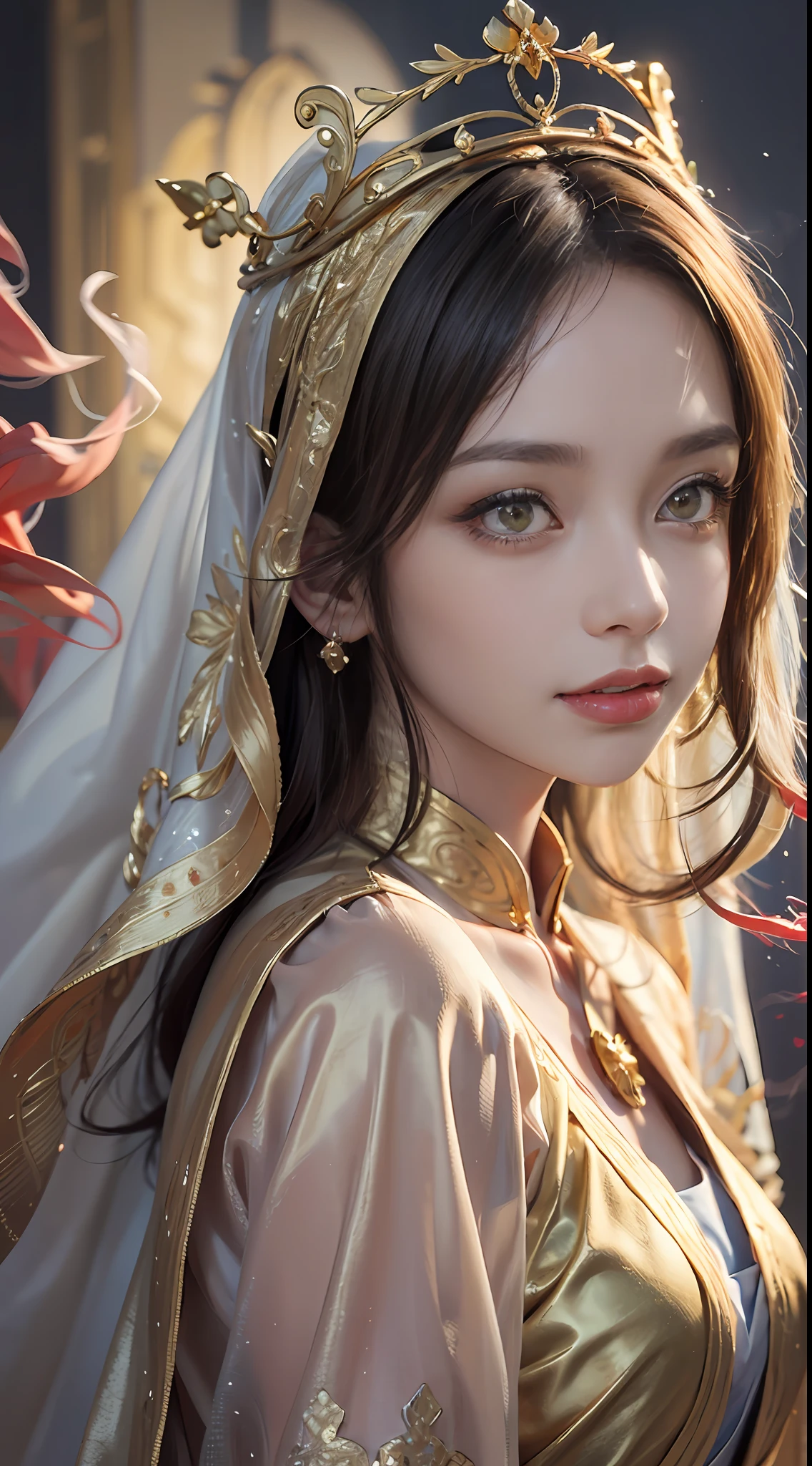 1 beautiful 27-year-old saint, charming adult saint in a long dress made of thin silk, flawless beautiful face, wearing a thin multicolored silk dress, (((Natural smile:1.0))), ((flat bangs:0.5)), (((platinum long hair:0.8))), big crown, hair brooch, hanfu dress, fanciful hanfu style, full body jewelry, forehead tattoo, super even chest, woman face, beautiful and pretty face, ((even porcelain teeth: 0.8)), The most beautiful and detailed light red lipstick, ((Thin plump lips:0.3)), ((Golden Eyes color:1.6), Detailed and delicate lighting effects, light and dark, dramatic lighting, magical light, extremely detailed light, true color, super sharp, realistic, 8k quality, fantasy universe background, saints and magical space, the most detailed images, ((Solo:0.3)), ((a saintess:0.6)), ((looking directly at the saint's upper body:0.4)), upper body, ((smooth skin:0.5)), ((the holy woman's veil:1.2)), ((solo:1.3)), ((alone girl:1.3)), female saint portrait, short images, Upper body portrait, (((open mouth:0.6))), Digital Realistic, ((fanciful red smoke effect:1.2)),