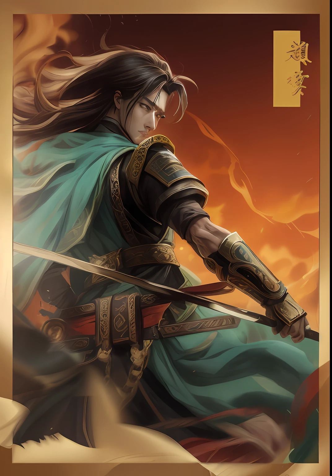 Visual lens, Zhao Yun image,Lv Bu image, Inspired by Zhao Yun, A man in chains, the the man is wrapped in chains, inspired by Wu Daozi, inspired by Chen Jiru, inspired by Zhang Sengyao, inspired by Fu Baoshi,The face is clear,Handsome man