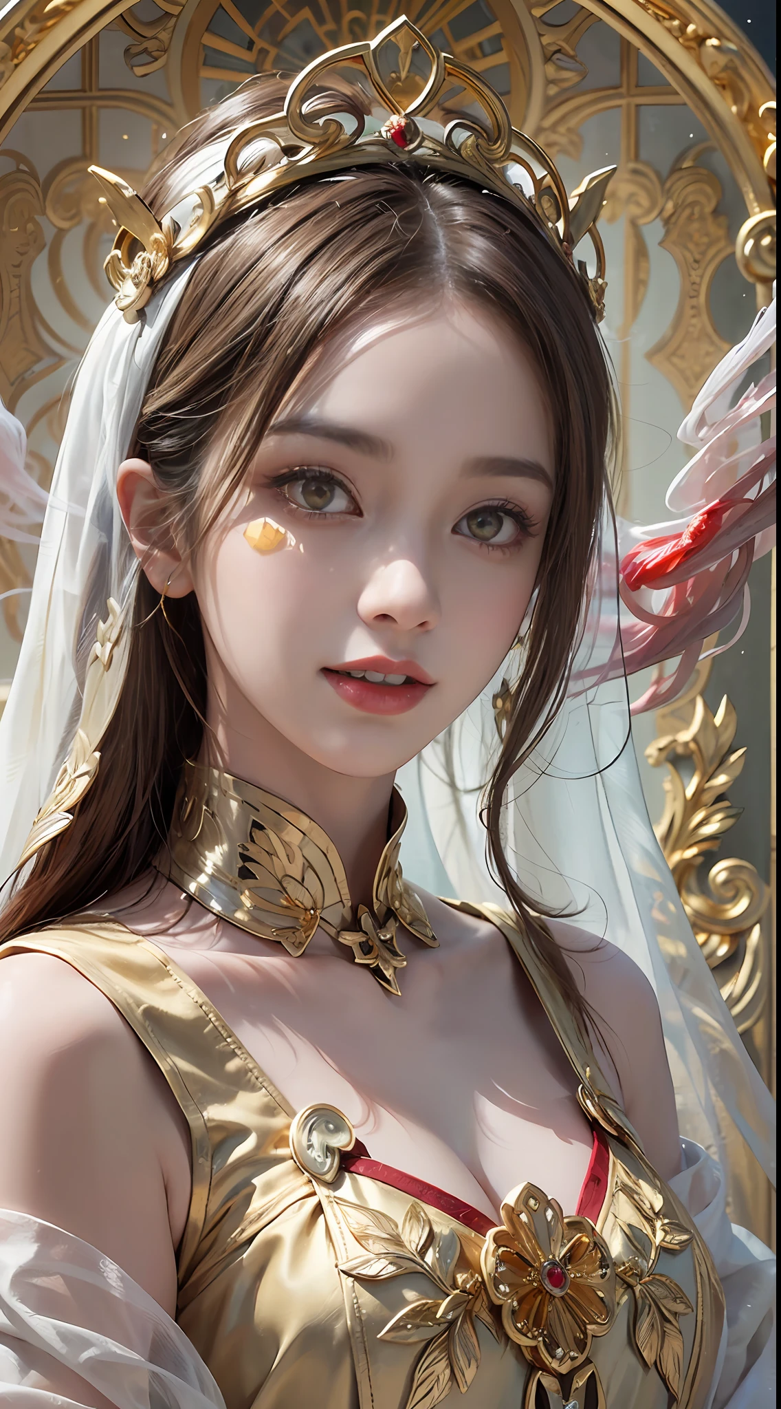 1 beautiful 27-year-old saint, charming adult saint in a long dress made of thin silk, flawless beautiful face, wearing a thin multicolored silk dress, (((Natural smile:1.0))), ((flat bangs:0.5)), (((platinum long hair:0.8))), big crown, hair brooch, hanfu dress, fanciful hanfu style, full body jewelry, forehead tattoo, super even chest, woman face, beautiful and pretty face, ((even porcelain teeth: 0.8)), The most beautiful and detailed light red lipstick, ((Thin plump lips:0.3)), ((Golden Eyes color:1.6), Detailed and delicate lighting effects, light and dark, dramatic lighting, magical light, extremely detailed light, true color, super sharp, realistic, 8k quality, fantasy universe background, saints and magical space, the most detailed images, ((Solo:0.3)), ((a saintess:0.6)), ((looking directly at the saint's upper body:0.4)), upper body, ((smooth skin:0.5)), ((the holy woman's veil:1.2)), ((solo:1.3)), ((alone girl:1.3)), female saint portrait, short images, Upper body portrait, (((open mouth:0.6))), Digital Realistic, ((fanciful red smoke effect:1.2)),