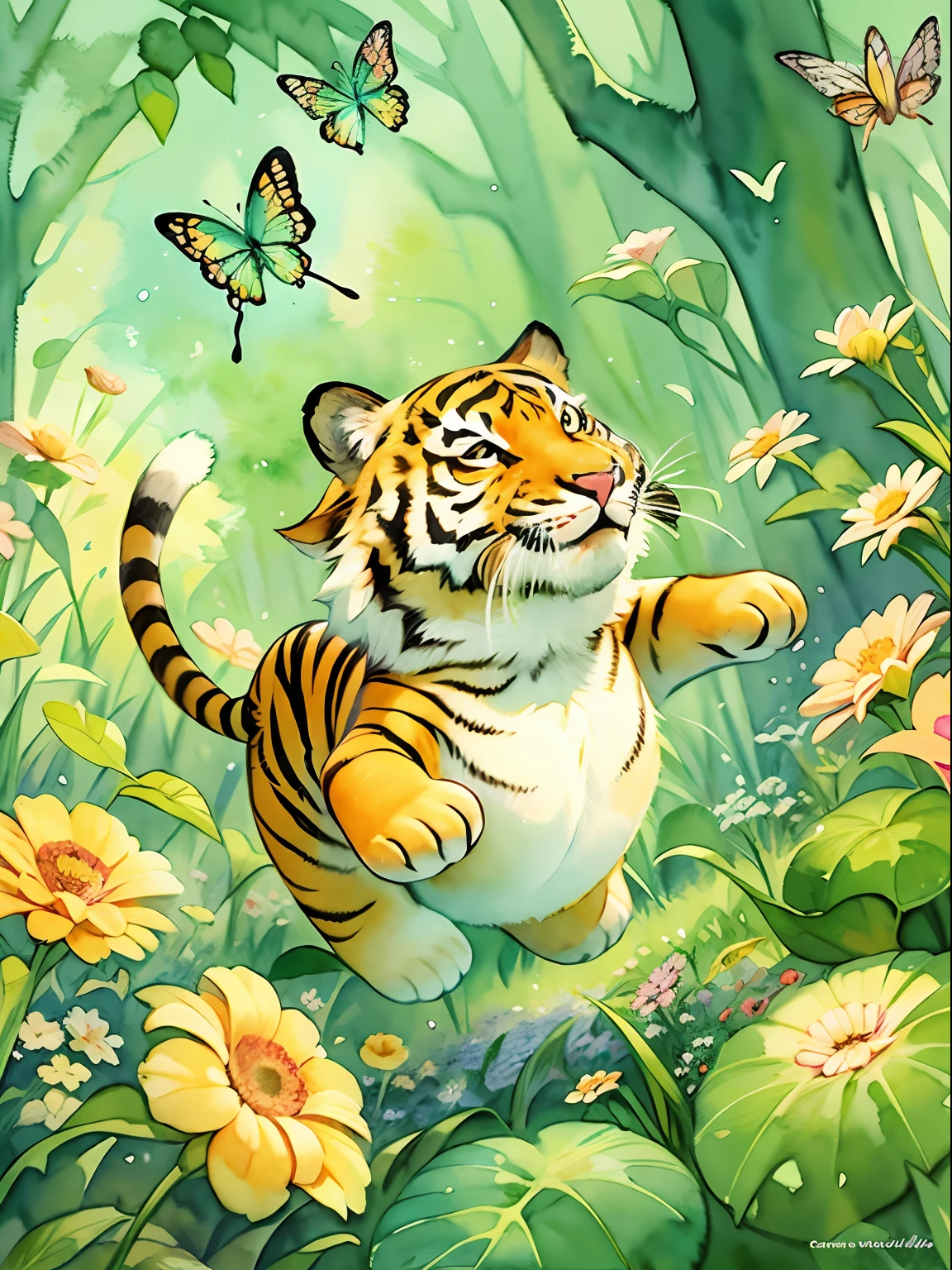 Fairy tale picture book,Two-dimensional drawing,the watercolor style,watercolor paiting,ink,The little tiger jumps up to catch the butterfly,Cartoony,Dumb cute,cute-style,Flat pattern,high qulity,16K resolution,(best qualtiy),(tmasterpiece),super-fine,Detailed pubic hair,Accurate