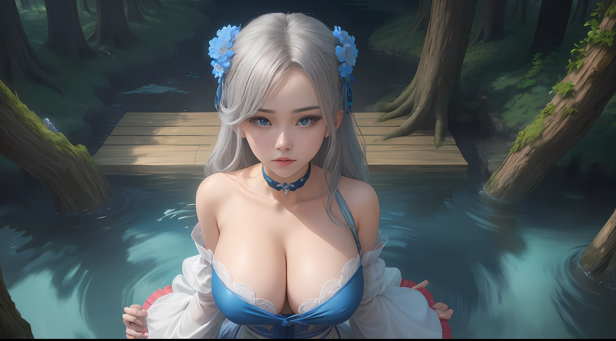 natta，(Top view),dynamic angle,magicle world，Super meticulous,illustratio,closeup cleavage,Looking directly at,Kizi,(fanciful:1.4),(Blue eyes:1.233),Her eyes shone like dreamy stars,(glowing light eyes:1.233) ,(美丽细致的眼睛:1.1),(silber hair:1.14),(messy  hair,Very long hair,french braid,Hair between both eyes,Lateral hair),(+(Gray hair flower:1.14)),(Chiffon dress，Hanfu，Off-the-shoulder attire，One shoulder，Expose the collarbone，Chestless clothing，Uniform white flower pattern)/,(Wide sleeves),(Fingerless gloves),choker necklace,(miko thighhighs),Barefoot, (big trees，In the forest，Shadows interlace, All kinds of beasts, ),(flor branca,full bloom),(flowingwater),(Dark Blue World Tree:1.14),(废墟),(natta ),Dreamy,soul,(Fluorescence),(Flying translucent blue butterfly:1.15),[[Delicate fingers and hands:0.55]::0.85],(Finger details),(yubao:0.5),3D，full bodyesbian，the detail，Background bokeh，high qulity，high detal，deep v big breasts，huge tit，Expose cleavage，Large trees interlace，full bodyesbian，Hanfu，solo person，faeries，haughty，high and cold，Under the moonlight，lake water，hot onsen，Out of the bath，sweat leggs，playing water