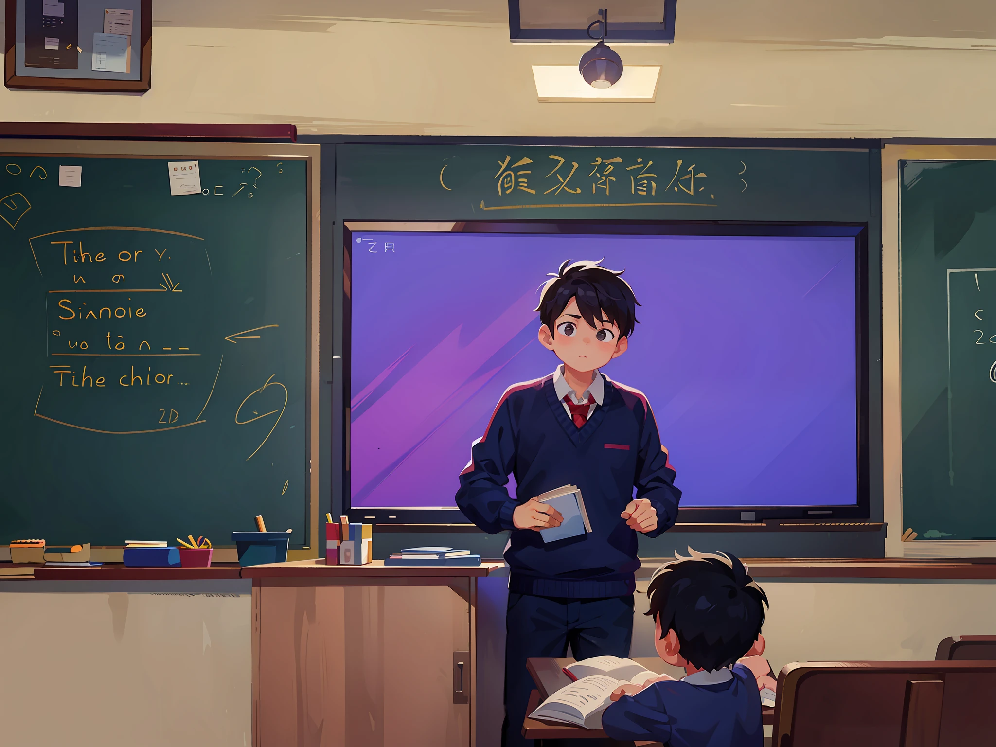 There was a boy standing in front of the classroom with a book, Teacher, jinyiwei, In a classroom, inspired by Zhang Zongcang, yihao ren, In the school classroom,