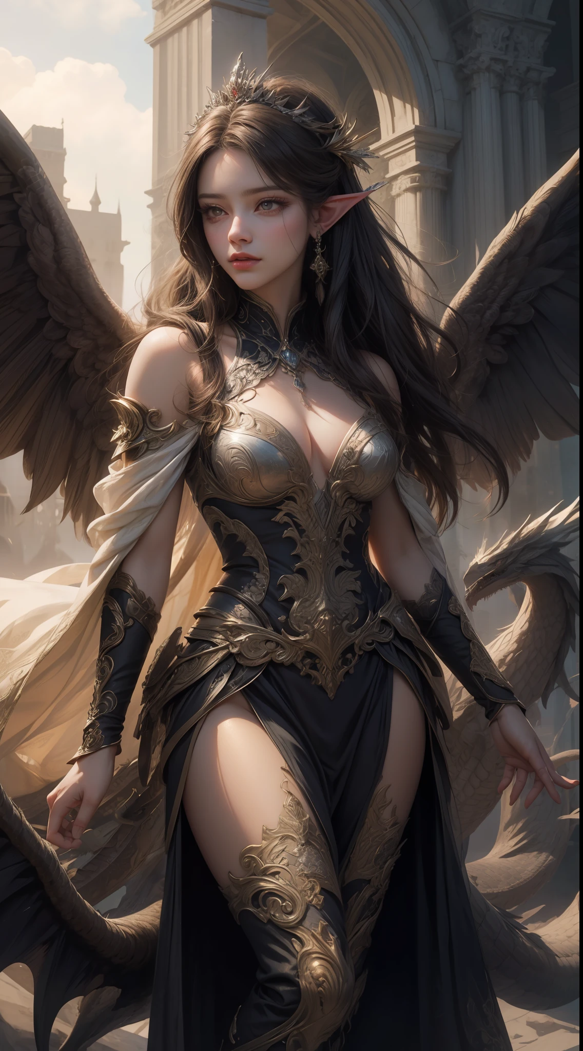 8k uld, masterpiece, bestquality, raw photo, realistic, beautiful girl, magic, very long hair, depth of vision, Highres, finely detailed, RAWExtremely detailed, extremely detailed eyes and face, sharp pupils, realistic pupils, cinematic lighting, detailed, perfect anatomy, a closeup of a woman with beautiful brown eyes face in a white robe costume with a dragon on her shoulder, white robe costume outfit, cinematic goddess body shot, majestic body full body angel, elegant cinematic pose, fantasy character, full body image, like a mystical valkyrie, detailed whole body, beautiful and elegant elf queen, unreal motor render, a goddess, grumpy lighting, glow, bright, mysterious, mystical, magical, rim lighting, vibrant, psychedelic, colorful, intricate, elegant, sharp focus, highly detailed, digital painting, conceptual art, matte, masterpiece, hyper detailed ultra sharp, vibrant aesthetic, blood wave, colorful, psychedelic, ornate, intricate, digital painting, conceptual art, smooth, sharp focus, illustration, beautiful female,