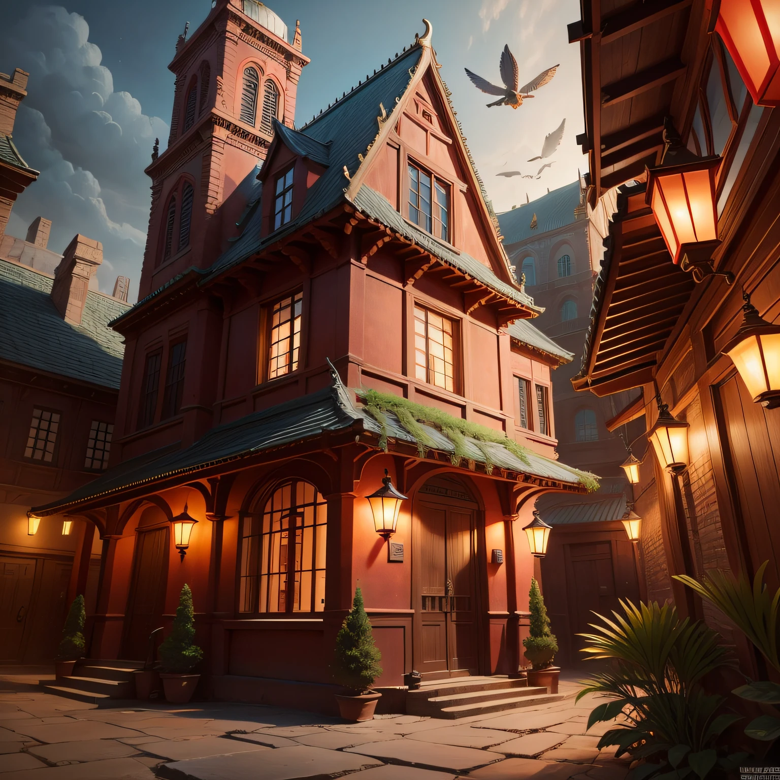ancient buildings,Ancient building in comic book style,Red lanterns,janelas,the detail