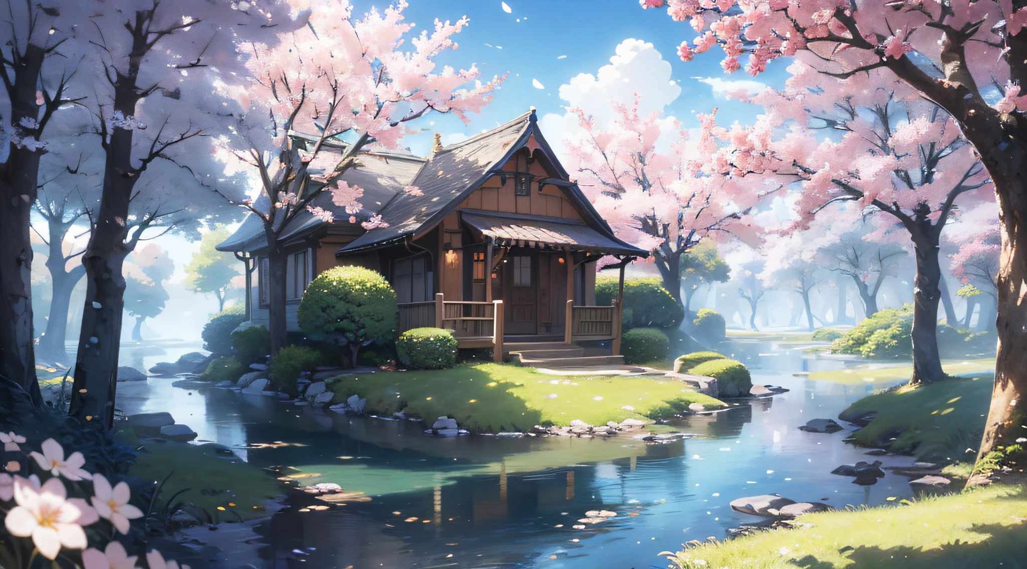 (Best quality),(masterpiece),(ultra detailed),(high detailed),(extremely detailed),Subject: Anime Background Illustration Medium: Digital illustration or traditional painting. Resolution: 4000x3000 pixels. Color Palette: Soft and pastel colors with a hint of vibrancy. Mood: Serene, whimsical, and inviting. Composition: Balanced composition with a focal point that complements the foreground elements. Lighting: Gentle, diffused lighting with subtle variations in brightness. Style: Anime-inspired with a touch of fantasy and charm. Details: Include elements such as blooming cherry blossom trees, lush greenery, cozy buildings, and winding paths. Inspiration: Anime scenery, Studio Ghibli films, fantasy worlds, and tranquil natural settings. Camera Setup: None (since it's a digital illustration). Additional Notes: Pay attention to atmospheric perspective, with distant objects appearing lighter and less detailed. Incorporate depth by adding layers of foreground, middle ground, and background elements. Use soft brush strokes and blending techniques to create a dreamy and ethereal atmosphere. Consider adding elements of magic or fantasy, such as floating islands, whimsical creatures, or glowing orbs. Include small details like birds, butterflies, or falling leaves to enhance the sense of movement and life. Experiment with different textures, such as the rough bark of trees or the smooth surface of water. Incorporate elements of nature to evoke a sense of tranquility and harmony.