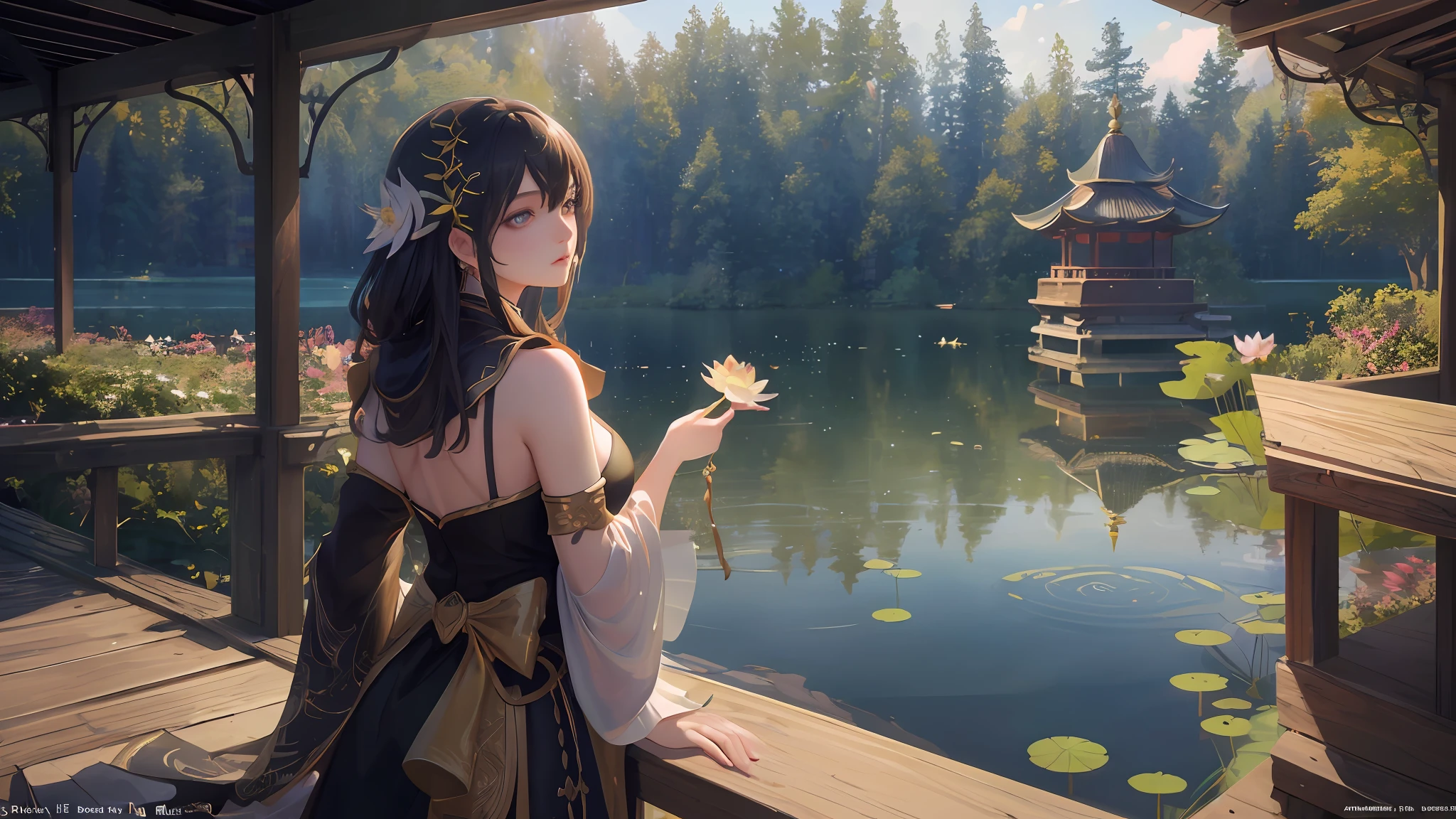 ((Masterpiece)), Best quality, High quality, ((Very detailed CG unity 8K wallpaper)), (fantasy),Dark atoms， Lots of lotuses，Lotus leaf，pond，Ripples，downpours，swans，wood bridges，Lake Pavilion，Just the view，closeup cleavage , , Park 3D digital painting, award winning photography, Bokeh, Depth of field, hdr, full bloom, less big breasts， color difference , Photorealistic, The is very detailed, trending on artstationh, trending on CGSociety, Intricate, high detal, dramatics, halfway art,