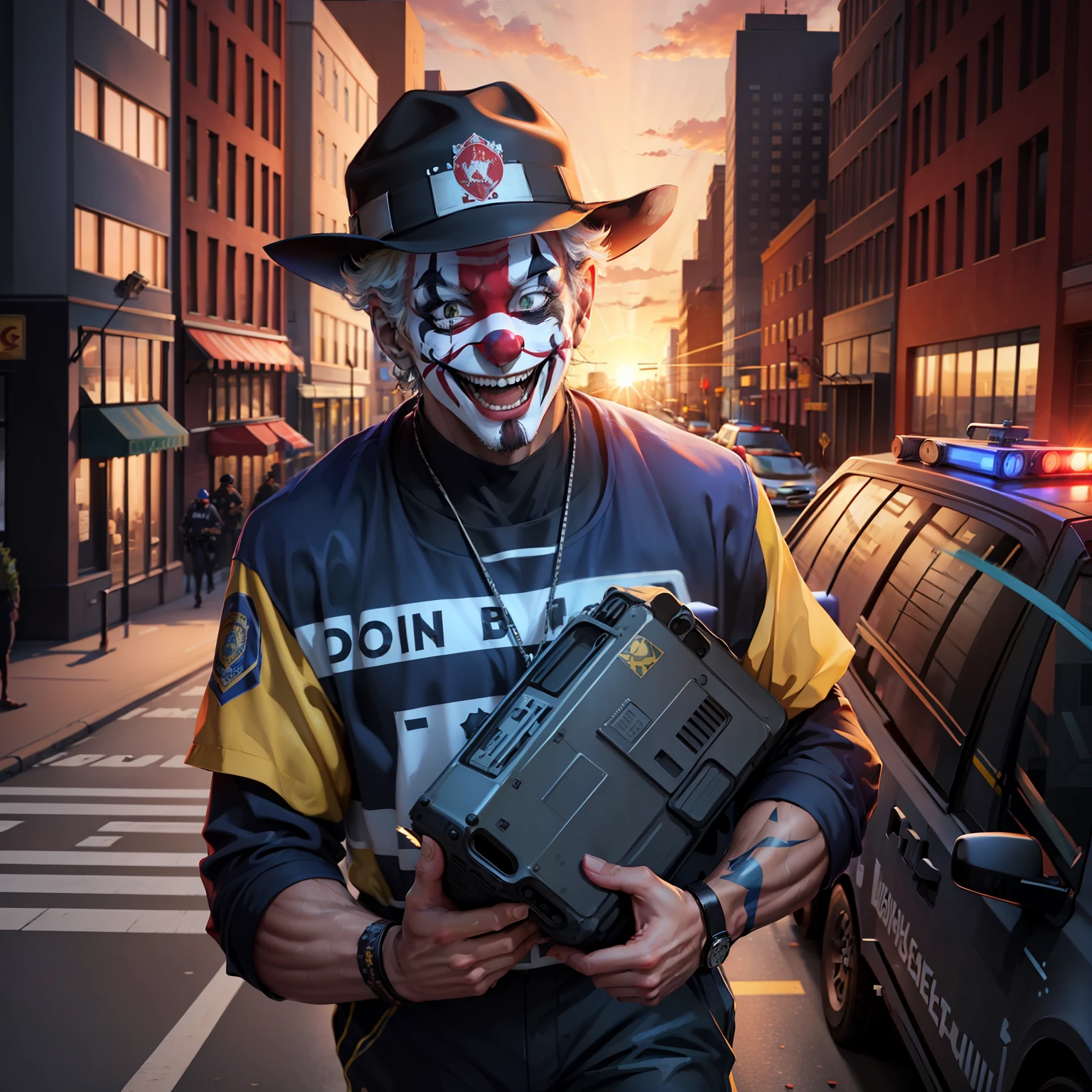 High quality, 8k quality, illustration, portrait, man in clown costume, expression of joy, bank robbery, pistol explosion, downtown, sunset, police car, many police chasing