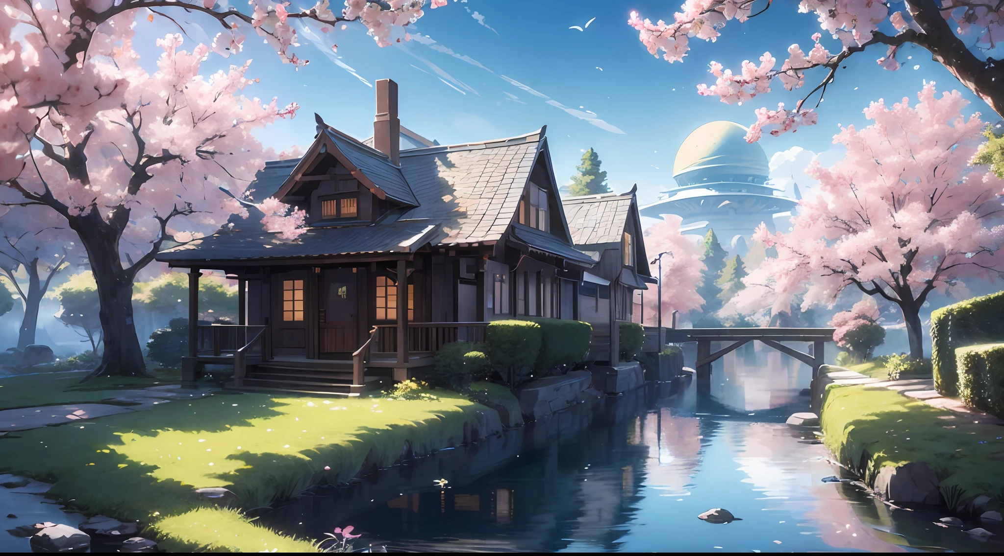 (Best quality),(masterpiece),(ultra detailed),(high detailed),(extremely detailed),Subject: Anime Background Illustration Medium: Digital illustration or traditional painting. Resolution: 4000x3000 pixels. Color Palette: Soft and pastel colors with a hint of vibrancy. Mood: Serene, whimsical, and inviting. Composition: Balanced composition with a focal point that complements the foreground elements. Lighting: Gentle, diffused lighting with subtle variations in brightness. Style: Anime-inspired with a touch of fantasy and charm. Details: Include elements such as blooming cherry blossom trees, lush greenery, cozy buildings, and winding paths. Inspiration: Anime scenery, Studio Ghibli films, fantasy worlds, and tranquil natural settings. Camera Setup: None (since it's a digital illustration). Additional Notes: Pay attention to atmospheric perspective, with distant objects appearing lighter and less detailed. Incorporate depth by adding layers of foreground, middle ground, and background elements. Use soft brush strokes and blending techniques to create a dreamy and ethereal atmosphere. Consider adding elements of magic or fantasy, such as floating islands, whimsical creatures, or glowing orbs. Include small details like birds, butterflies, or falling leaves to enhance the sense of movement and life. Experiment with different textures, such as the rough bark of trees or the smooth surface of water. Incorporate elements of nature to evoke a sense of tranquility and harmony.