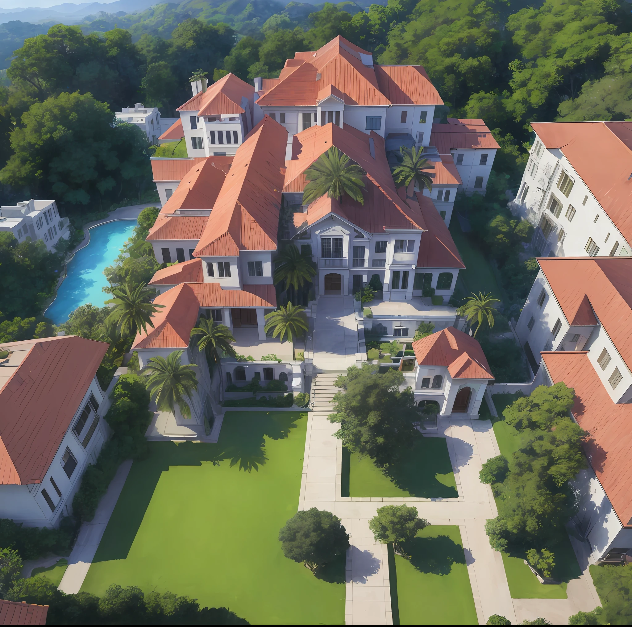 isometry，(45-degree perspective from top to bottom),Super realistic，mansion，los angelos, United States，uni，Rich in color，Knead gently，jungles，There are coconut trees，The density is moderate，Frontal light and shadow，Clear structure，Measurable，the rainforest，Super realistic，