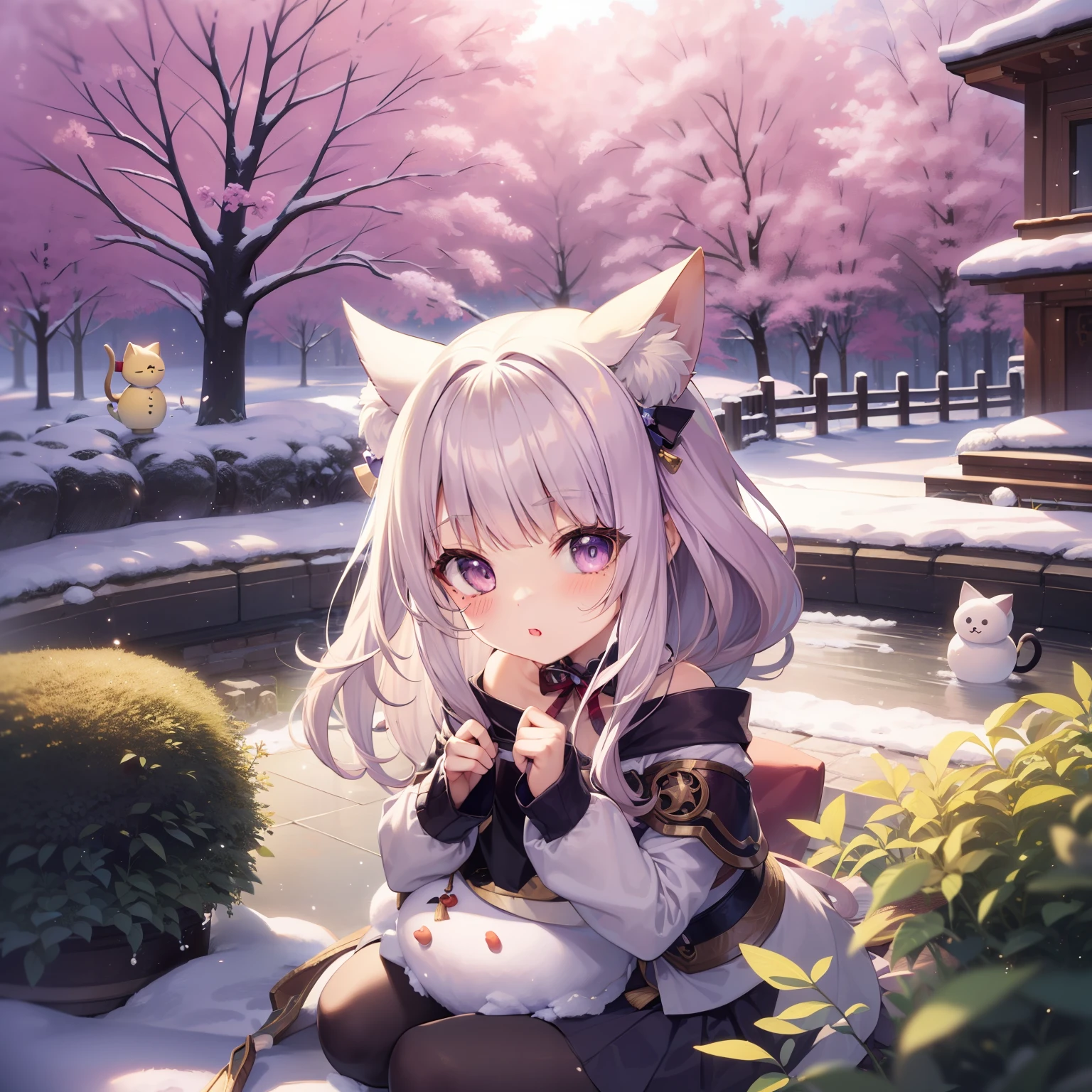 Chibi Cat、white backgrounid、Very cute、a blond、snowy background、showy、snowman、Less exposure、tiny girl、