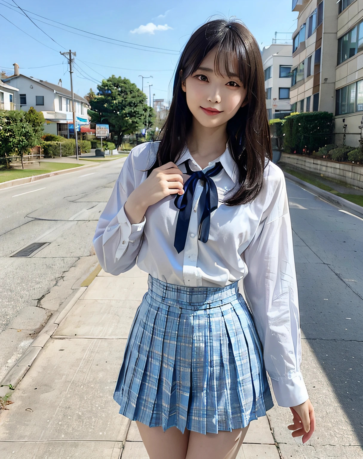 Woman posing on street corner、top-quality、女の子 1 a person、middlebreasts、tag、with light glowing、blur backgroun、bokeh dof、outside of house、(Street:0.8)、(a person々、Large crowds:1、A slender、large full breasts、Girls' School Uniform、a miniskirt、Clothes that adhere perfectly to the body、White collar shirt、Watching the viewer、Light blue plaid pleated skirt、a gorgeous(straight haired、long、Forehead:0.8)、Beautiful sky with details、耳Nipple Ring、A slender、Sareme、 (above knee)、Soft lighting、the wind、glowy skin、A smile、The wind is blowing、