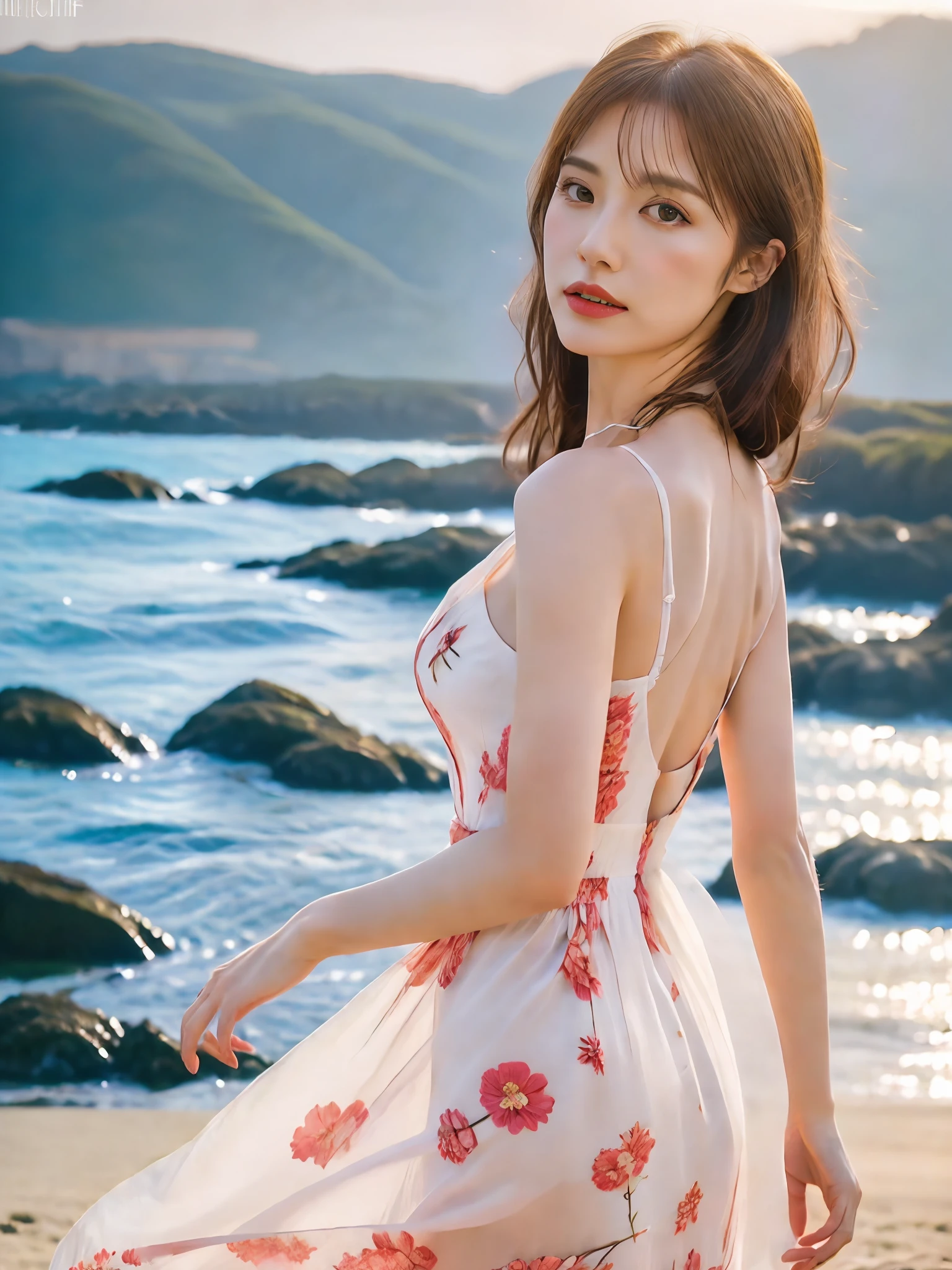 master work,high quarity,Real Photos,Elegant woman,Stand on a rock on the beach,The face is delicate,Clavicle,Wearing a long floral dress,Cotton lining,Engaging pose,Sideways,back-view,Sexy buttocks,Background blur,depthoffield,Central symmetry,56mm,F2