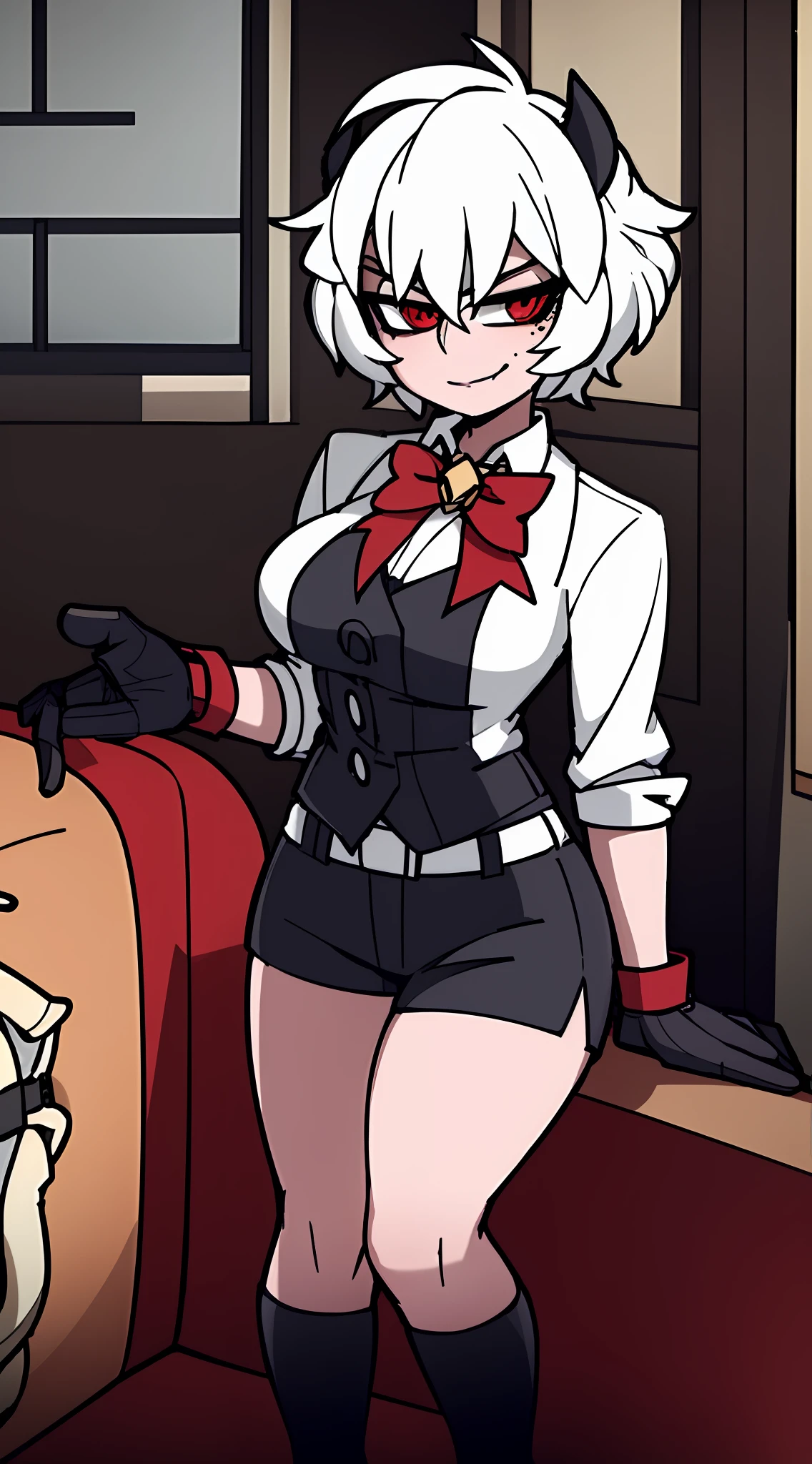 1girl, solo, height difference, white dress shirt, unbuttoned shirt, two tone shirt, belt, shirt collar up, short jacket, black fingerless gloves, breasts, wide hips, blush, blushing, thick thighs, night, cross necklace, heart eyes, full body shot, horns on head, demon tail, red black and white background colors, white hair, tomboy, short hair, smiling, smug, dress shoes, short shorts, exposed thigh, green eyes, black hair, viewing from front, thick thighs, knee socks, exposed stomach, thighs, winking, large breasts, living room, wood walls, black leather couch, dynamic angle, sharp focus, sitting, mascara, sunglasses on head, horizontal seat, symbol shaped pupil, heterochromia, glowing eyes, two tone top, hand on head, windows, sunrays, mole under eye, 1 red eye, luggage in background, Victorian style architecture, window on side of seat, gothic, 8k resolution, grey sky, warm colored lighting,