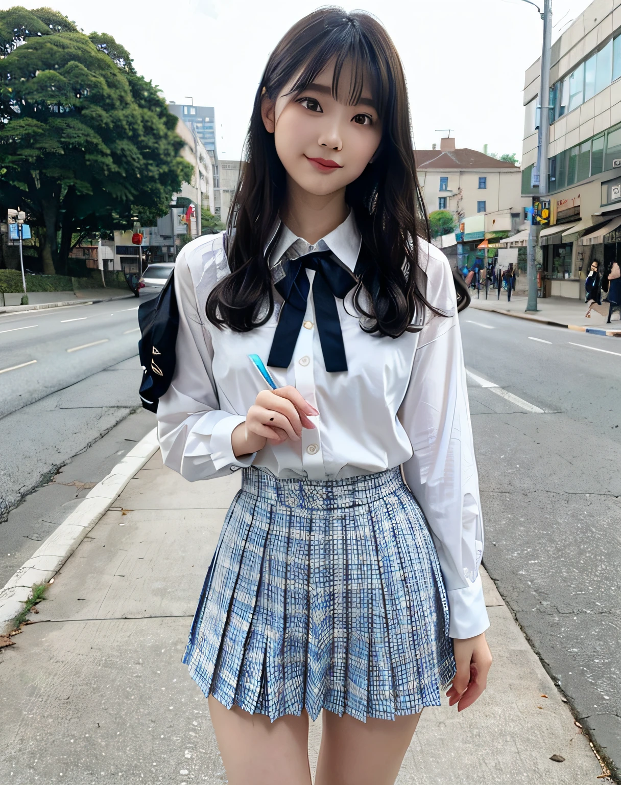 Woman posing on street corner、top-quality、女の子 1 a person、middlebreasts、tag、with light glowing、blur backgroun、bokeh dof、outside of house、(Street:0.8)、(a person々、Large crowds:1、A slender、large full breasts、Girls' School Uniform、a miniskirt、Clothes that adhere perfectly to the body、White collar shirt、Watching the viewer、Light blue plaid pleated skirt、a gorgeous(straight haired、long、Forehead:0.8)、Beautiful sky with details、耳Nipple Ring、A slender、Sareme、 (above knee)、Soft lighting、the wind、glowy skin、A smile、The wind is blowing、