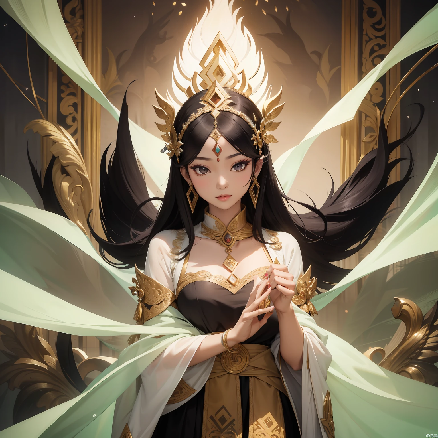 Roro Jonggrang is a legendary figure from Javanese folklore who is renowned for her exceptional beauty. According to tradition, she is said to have possessed a fair complexion, long dark hair, and enchanting black eyes. She is often depicted wearing traditional Javanese attire, which consists of a long kebaya blouse and a skirt that drapes elegantly over her frame. Roro Jonggrang's appearance is often likened to that of a goddess, with delicate features and a regal presence that immediately commands respect. Her beauty is celebrated across Indonesia and has inspired countless works of art throughout the centuries., absurdres, high-res, ultra-detailed,