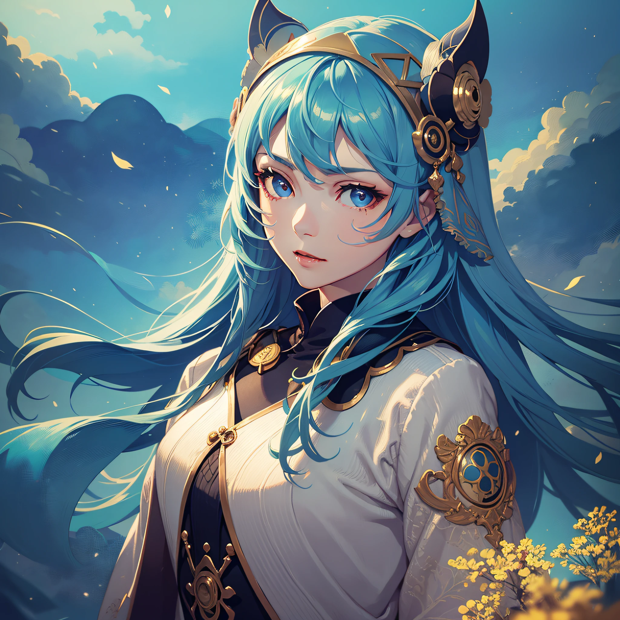 (tmasterpiece,best qualtiy,Warm and beautiful eco-themed CG art:1.2),(1girll:1.3),The is very detailed,eyes with brightness,Clear hair segmentation,Modern clothing depicts the face in detail,Best lighting,2D style,Natural green environmental protection,carbon-neutral,Wear a headgear,ln the forest,long hair girl,The main color is green。green color,In the midst of mountains and rivers,