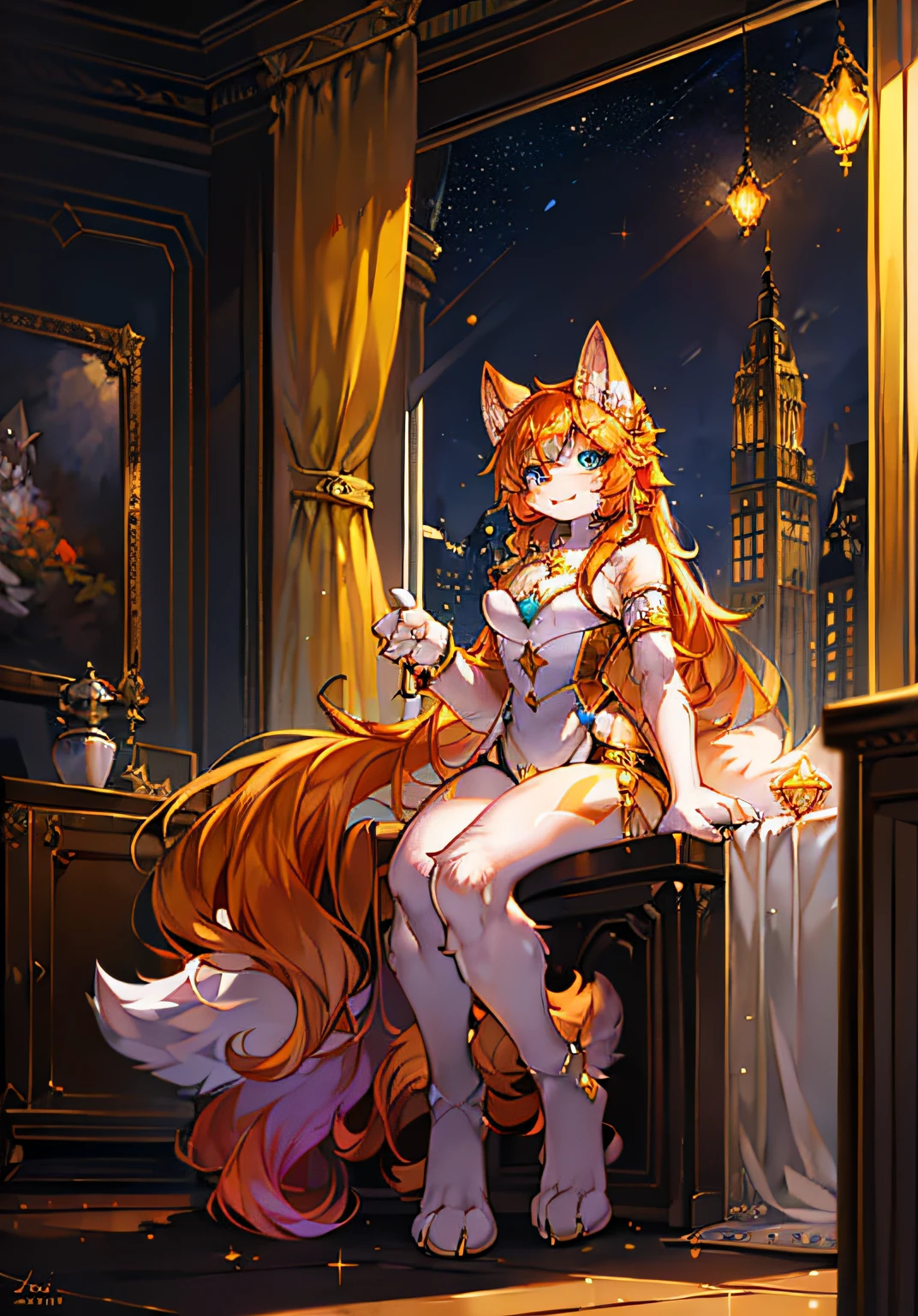 (ambiente dark:0.8),Masterpiece,High quality,abstract res,Digital painting\(artwork of a\),,(anthro,Fluffy fur,Character focus:1.1),anthro female cat,long whitr hair,Legacy ridiculous, amber hair, Silver earrings, (little crystal floating:0.4), Crystal floats, particle glowing, Fantastic gold costume,shaggy，Furry female，canid，Full Body Furry，large fluffy tail，Flowing hair，anthr,(Full Body Furry, Fluffy tail, White and amber fur, eBlue eyes, amber hair:1.2), (long canines：1.2），（interiors、the night、borgar、Holy Spirit：1.1）