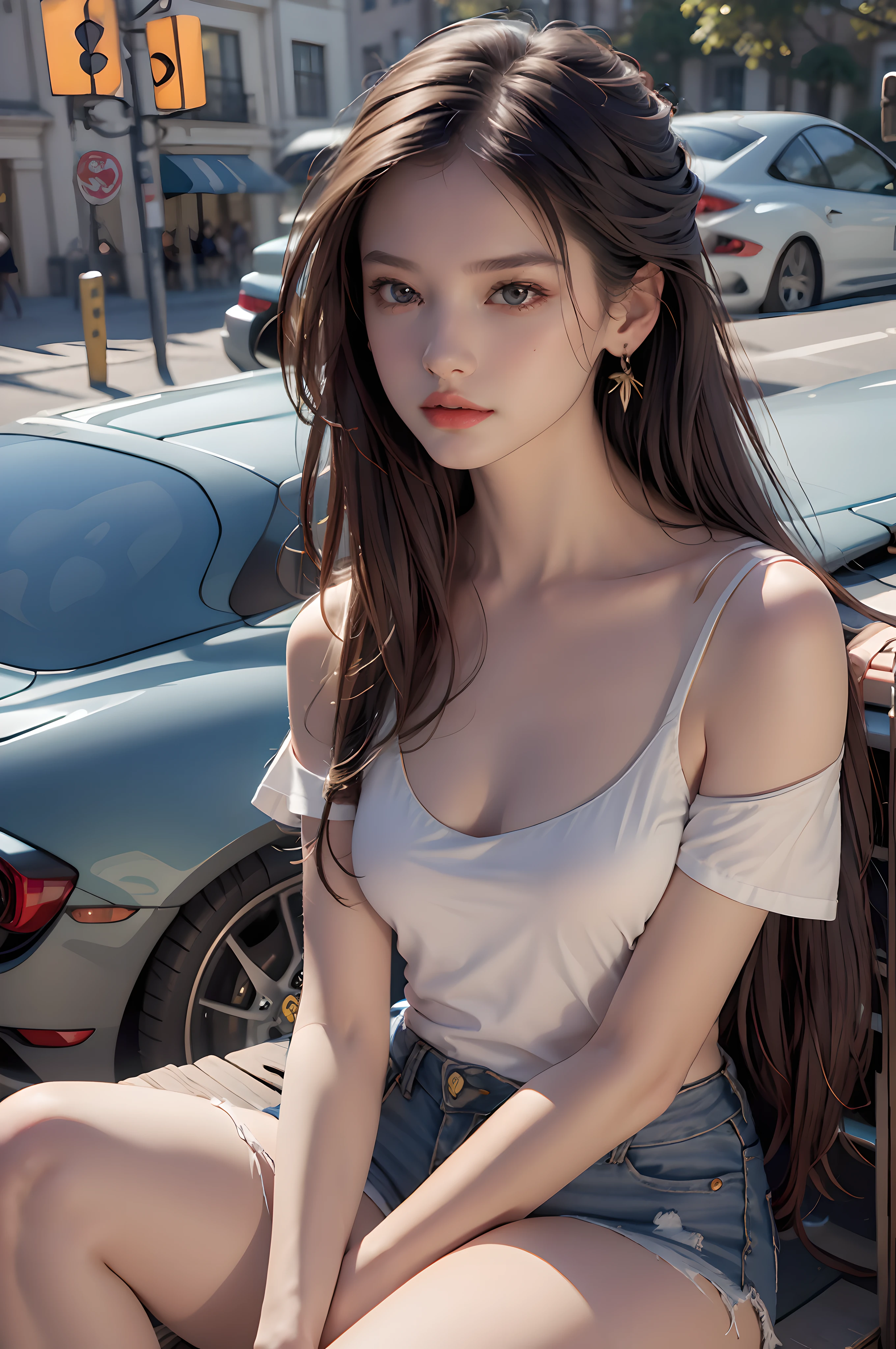 Best quality, masterpiece, super high resolution, (realistic: 1.4), original photo, (evening street), 1 girl, black eyes, looking at the audience, long hair, light makeup, lips, small ears, white t-shirt, denim shorts, earrings, sitting Ferrari, big breasts, slim