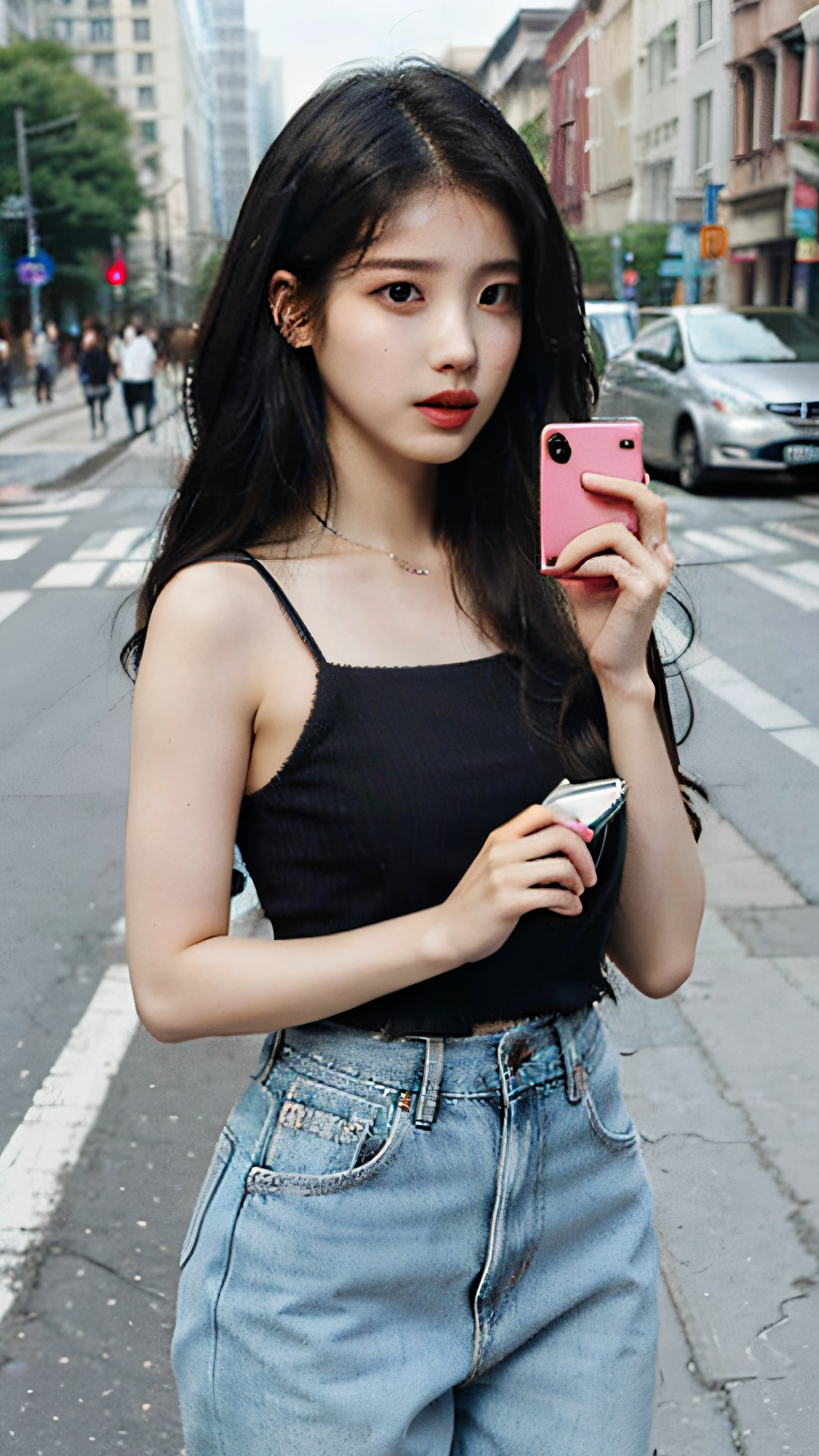 Beautiful woman, fiddling with cell phone in the middle of the street, short clothes