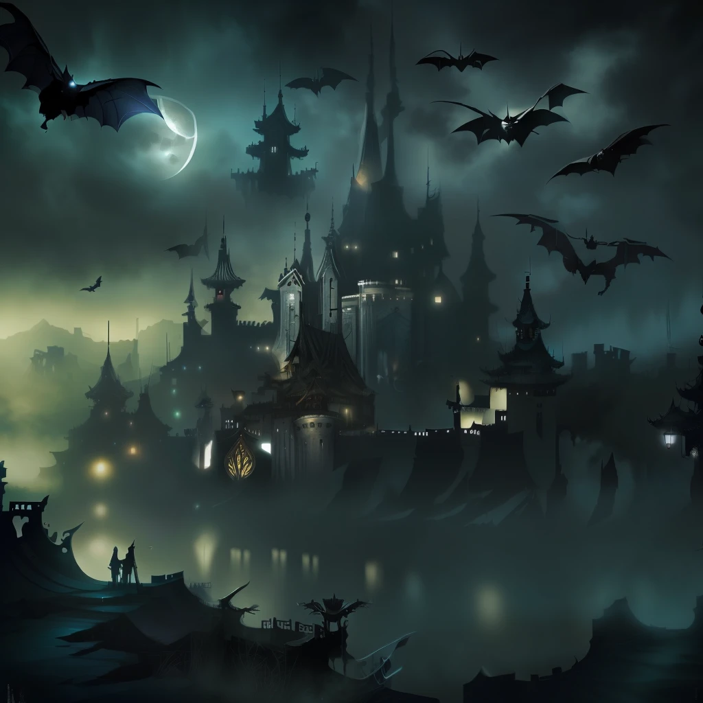Epic composition, high-quality photo, best qualtiy，tmasterpiece，超高分辨率，（realisticlying：1.4），Black night，Fortress of fantasy，themoon，the bats，