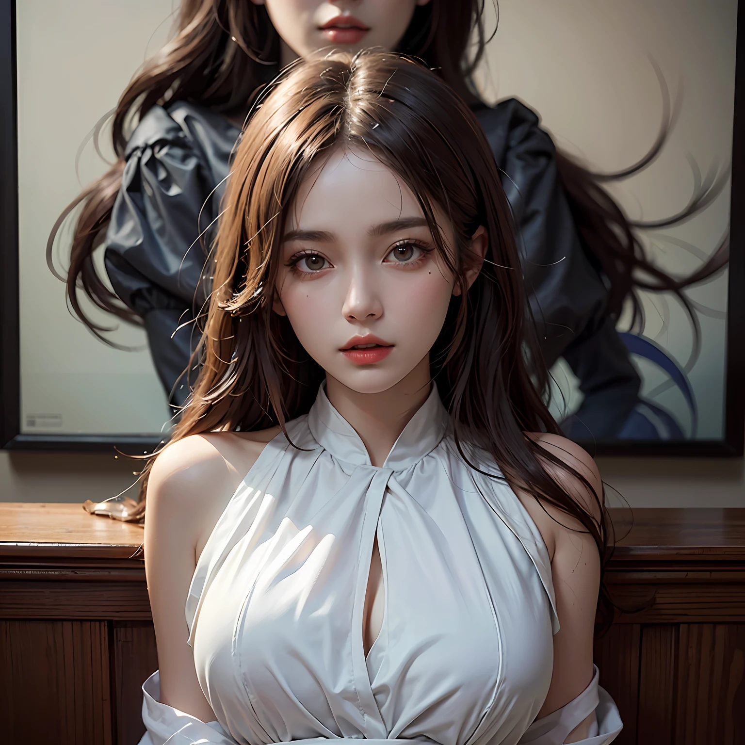 frontage,head portrait,Surrealist portraits of women by David Hockney and Alphonse Mucha,Fantasyart,photographrealistic,动态照明,art stations,poster for,Volumetriclighting,Very detailed faces,4 k'',Award-Awarded, 1girll,long whitr hair,formal outfit,Pure cotton,Adjustable waist,Change the curve of the waist。The skirt is characterized by smooth lines,The hem design is minimalist,Create high-end elegance,fanciful, rendering by octane, hdr, Dolby Vision, (Complicated details, ultra - detailed:1.2), (Natural skin texture, ultra-realistic realism, the soft light:1.2), Sharp focus, Huge breasts, looking at viewert, Best quality at best, Perfect body,