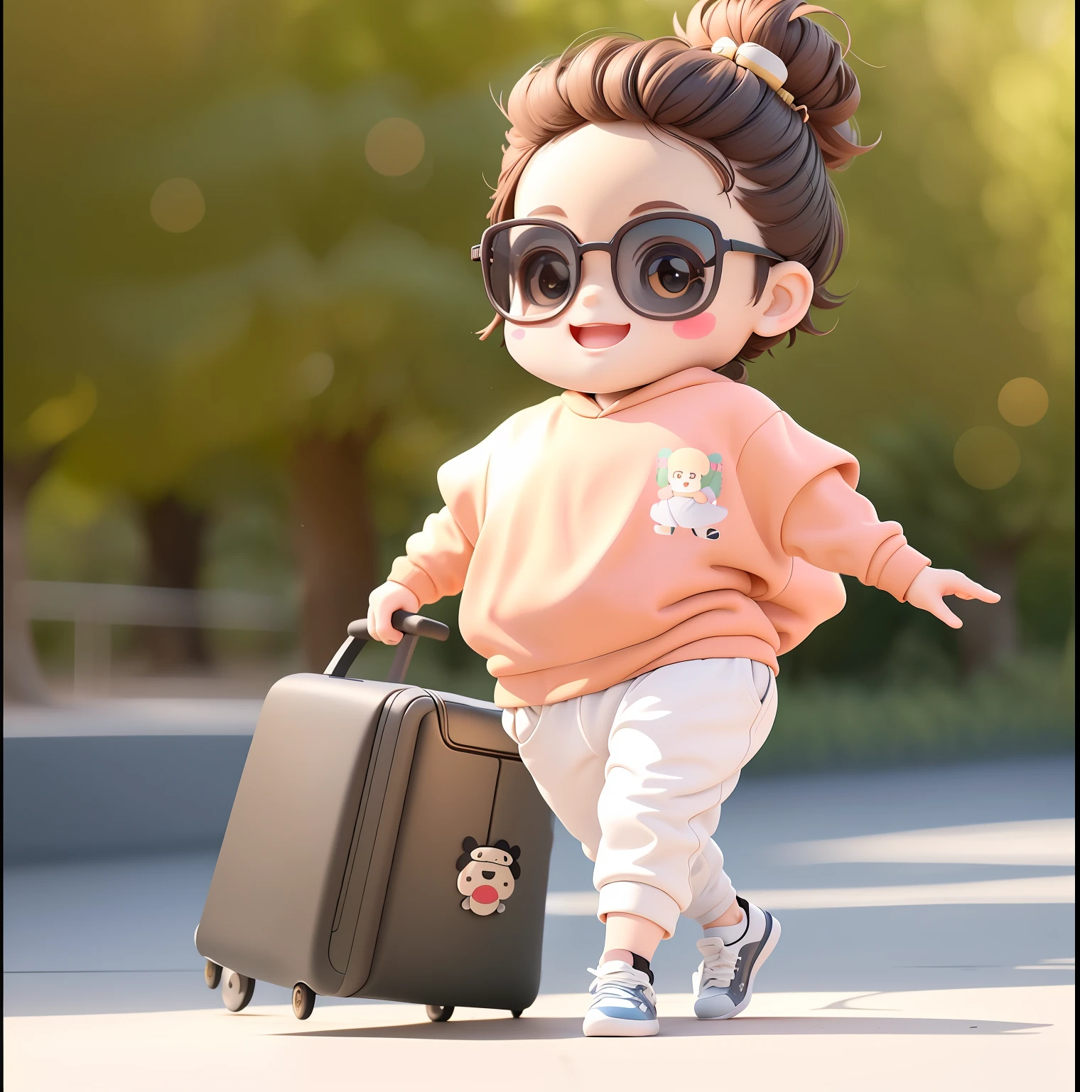 (masterpiece),(best quality),(ultra-detailed), (full body:1.2), a boy, chibi, cute, smile, open mouth, outdoors, dancing, dancing hip hop, jumping pose, hoodie, blush, tree, :3, shirt, short hair, brown hair, blush stripes stickers, long sleeves, black hair, sneakers, pants, (beautiful detailed face), (beautiful detailed eyes),